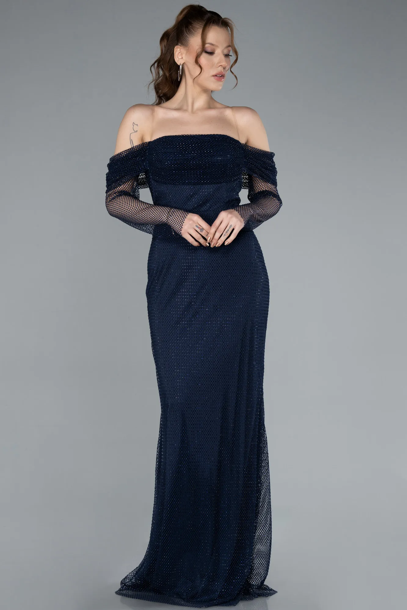 Navy Blue-Boat Neck Long Sleeve File Mermaid Evening Gown ABU4706