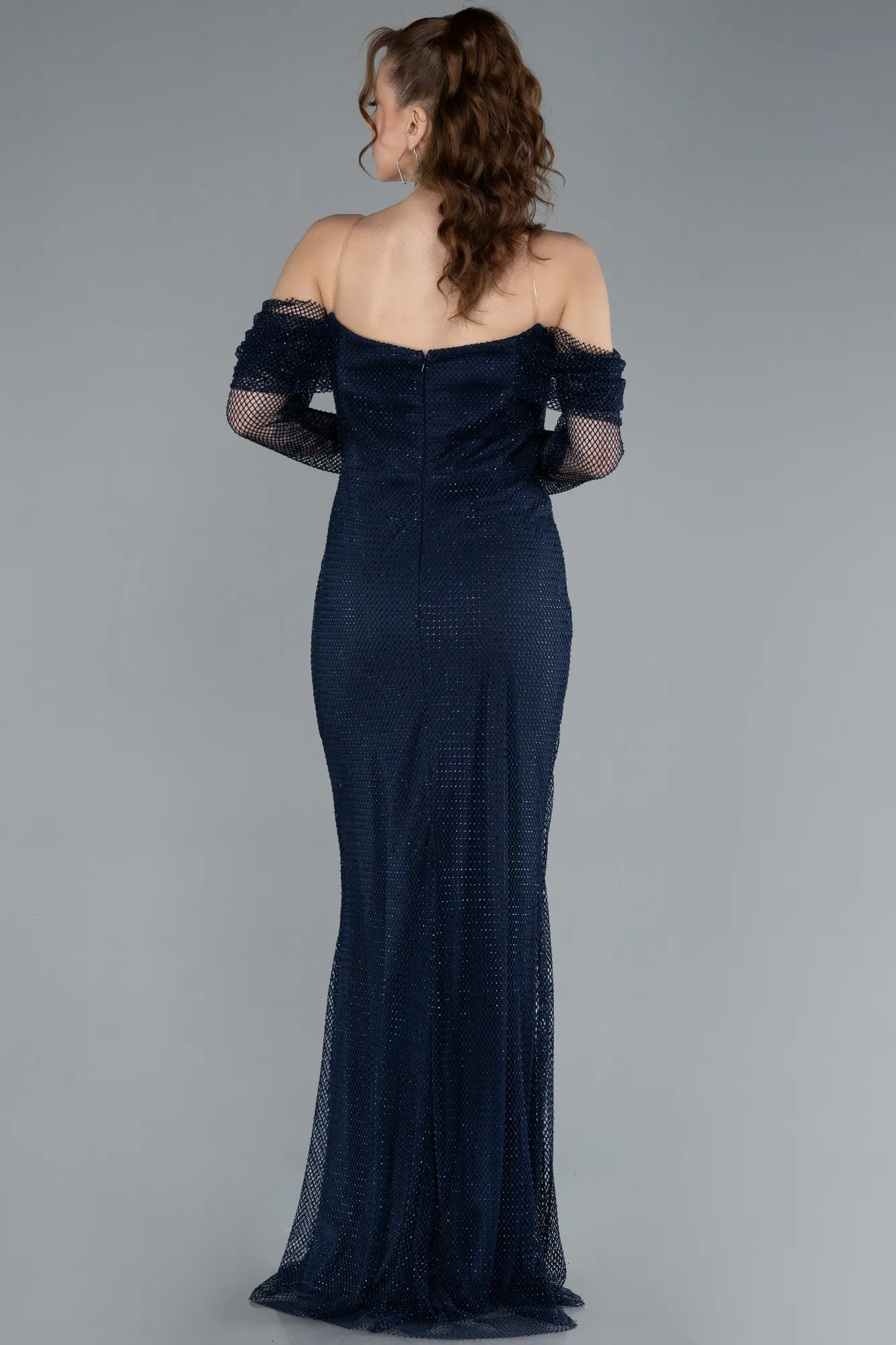Navy Blue-Boat Neck Long Sleeve File Mermaid Evening Gown ABU4706