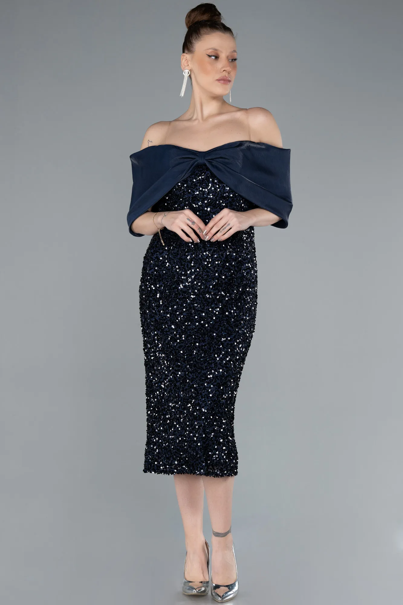 Navy Blue-Boat Neck Midi Sequined Cocktail Dress ABK2257