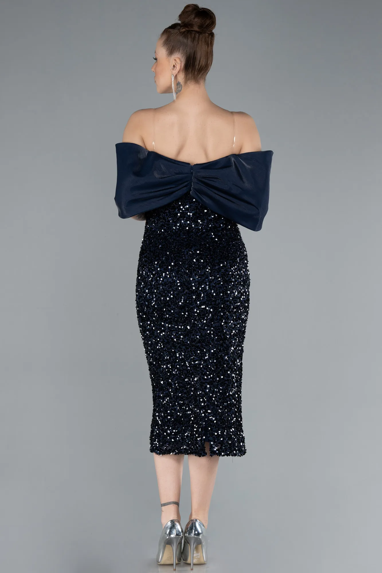 Navy Blue-Boat Neck Midi Sequined Cocktail Dress ABK2257