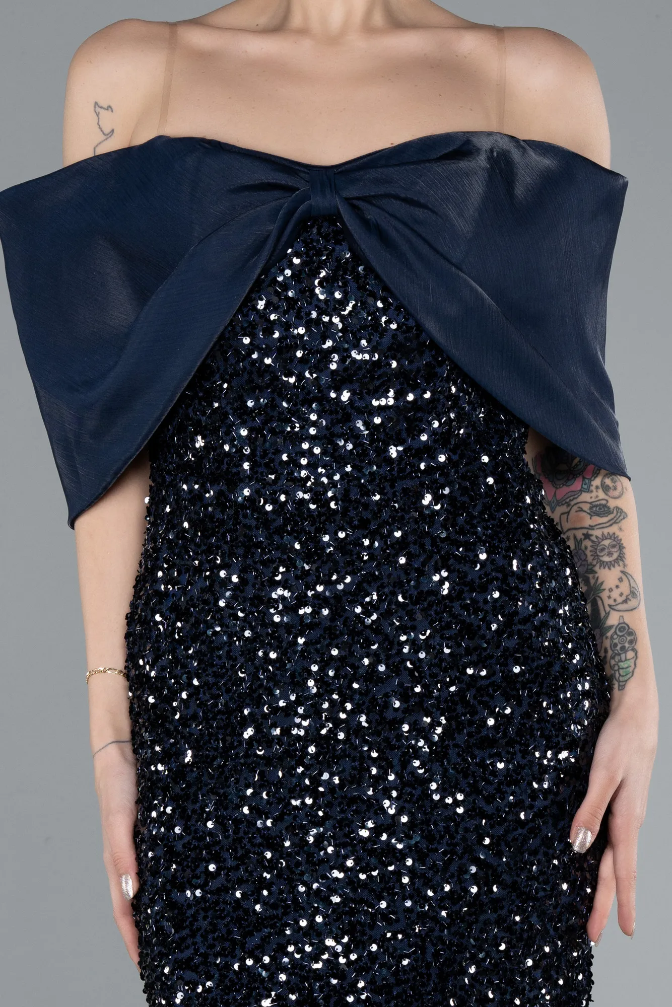 Navy Blue-Boat Neck Midi Sequined Cocktail Dress ABK2257