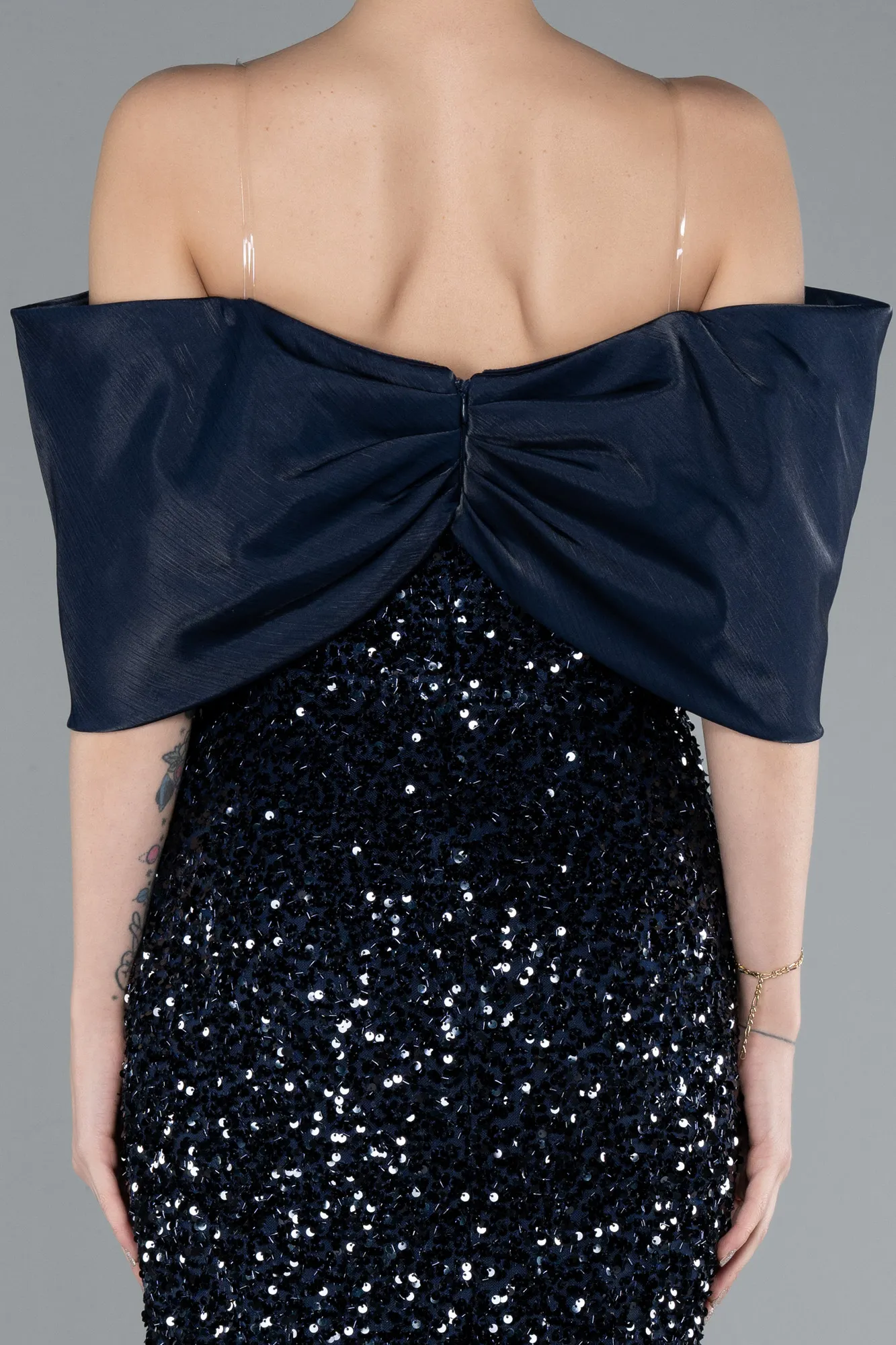 Navy Blue-Boat Neck Midi Sequined Cocktail Dress ABK2257