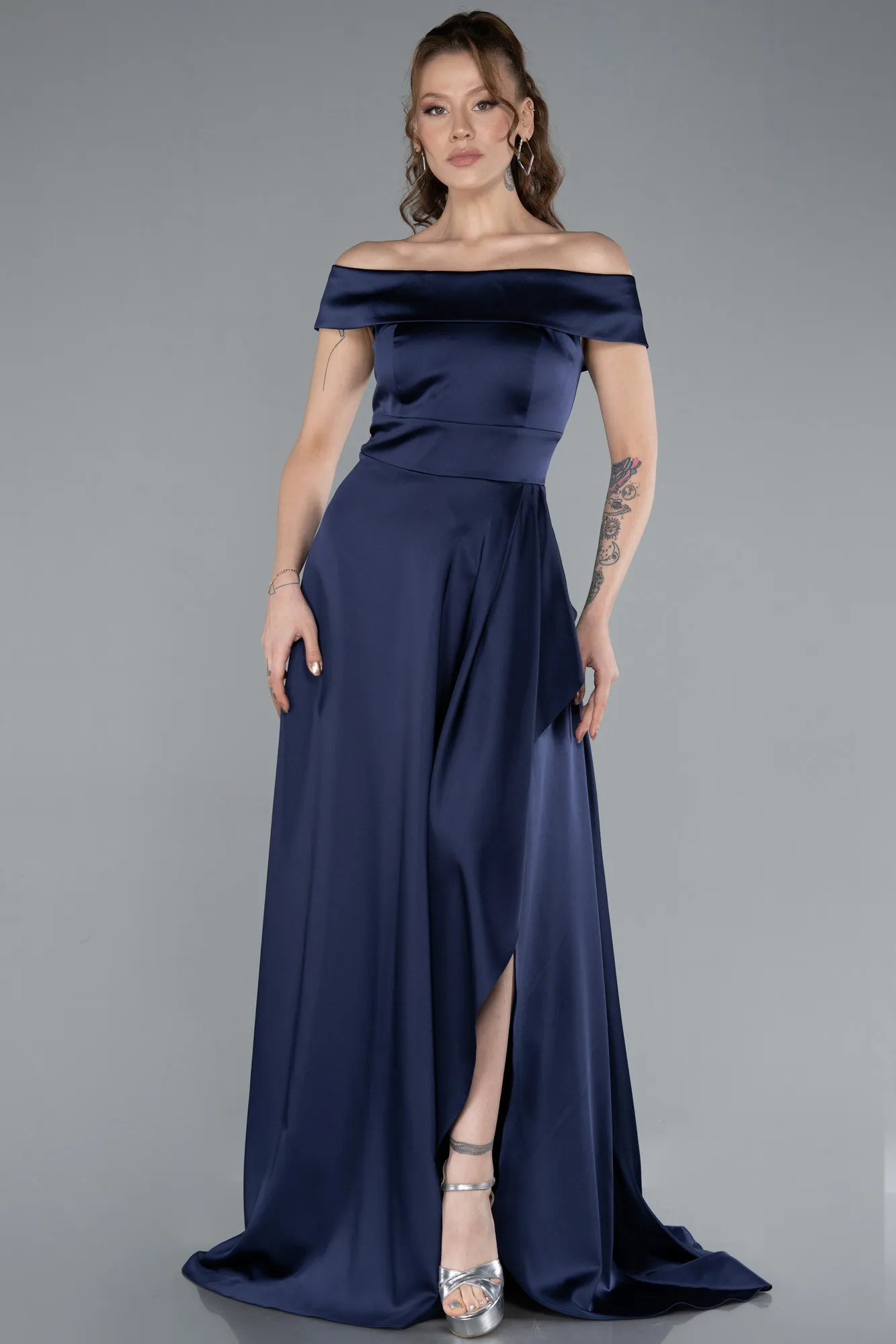 Navy Blue-Boat Neck Slit Long Satin Prom Dress ABU2486