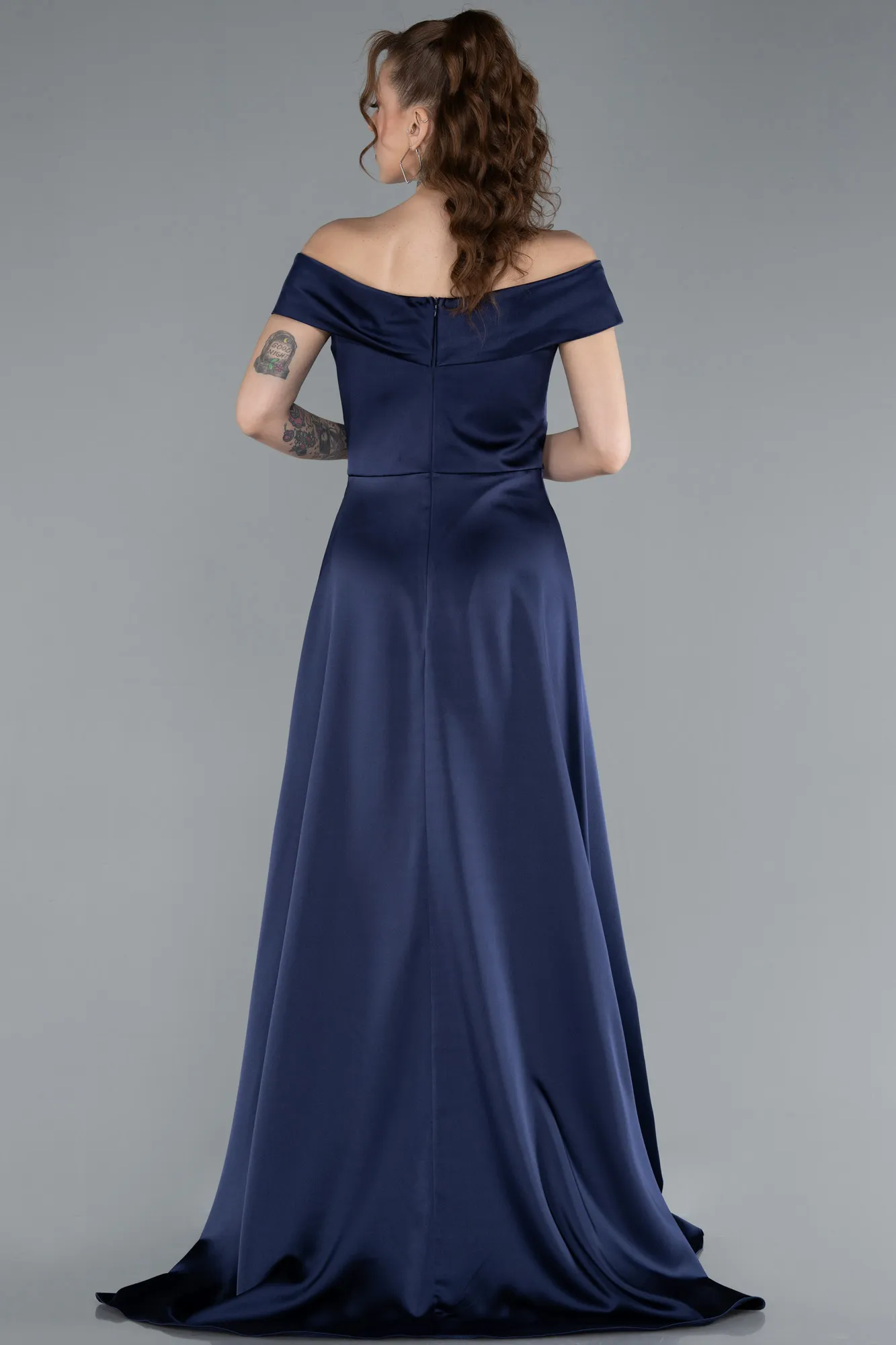 Navy Blue-Boat Neck Slit Long Satin Prom Dress ABU2486