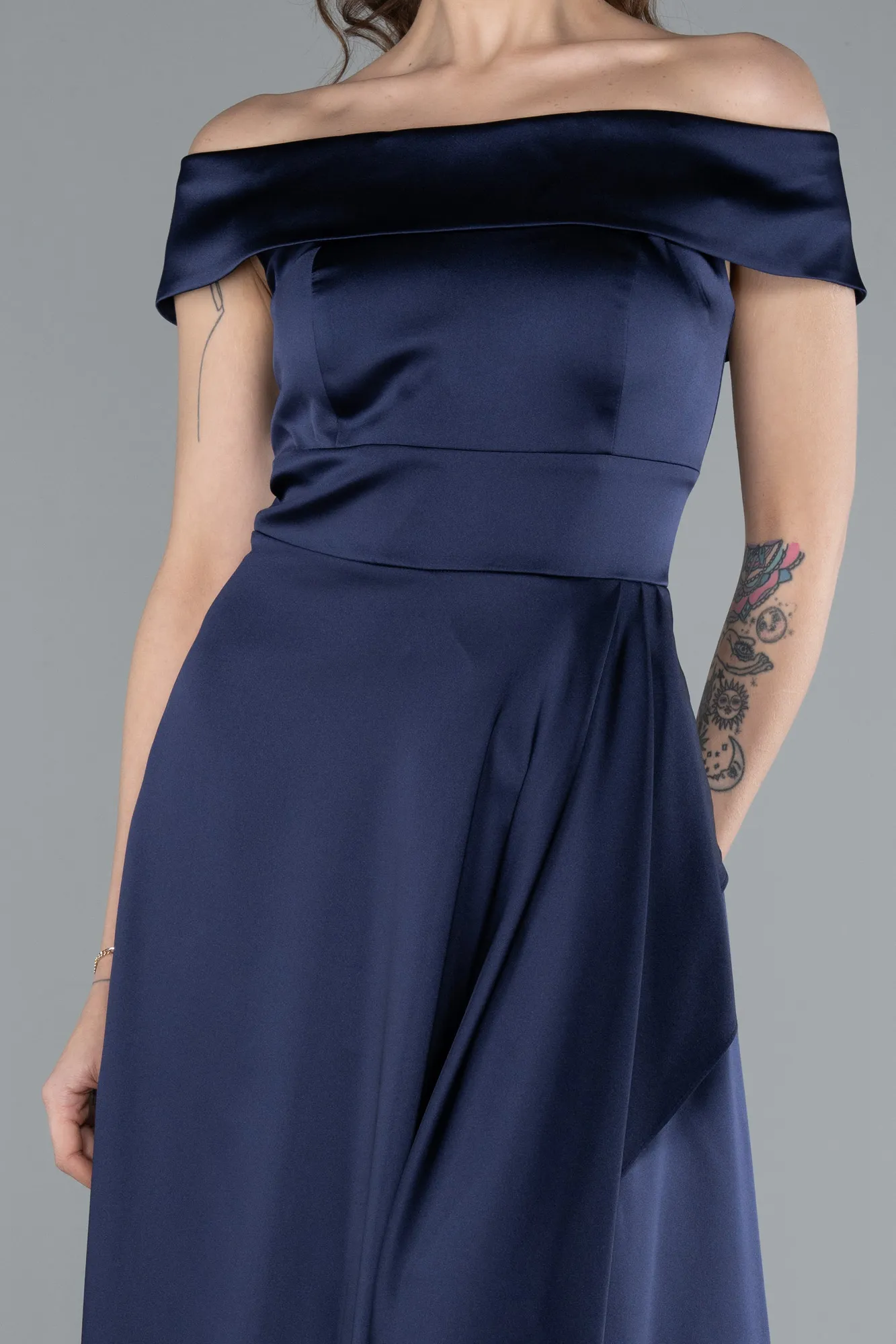 Navy Blue-Boat Neck Slit Long Satin Prom Dress ABU2486