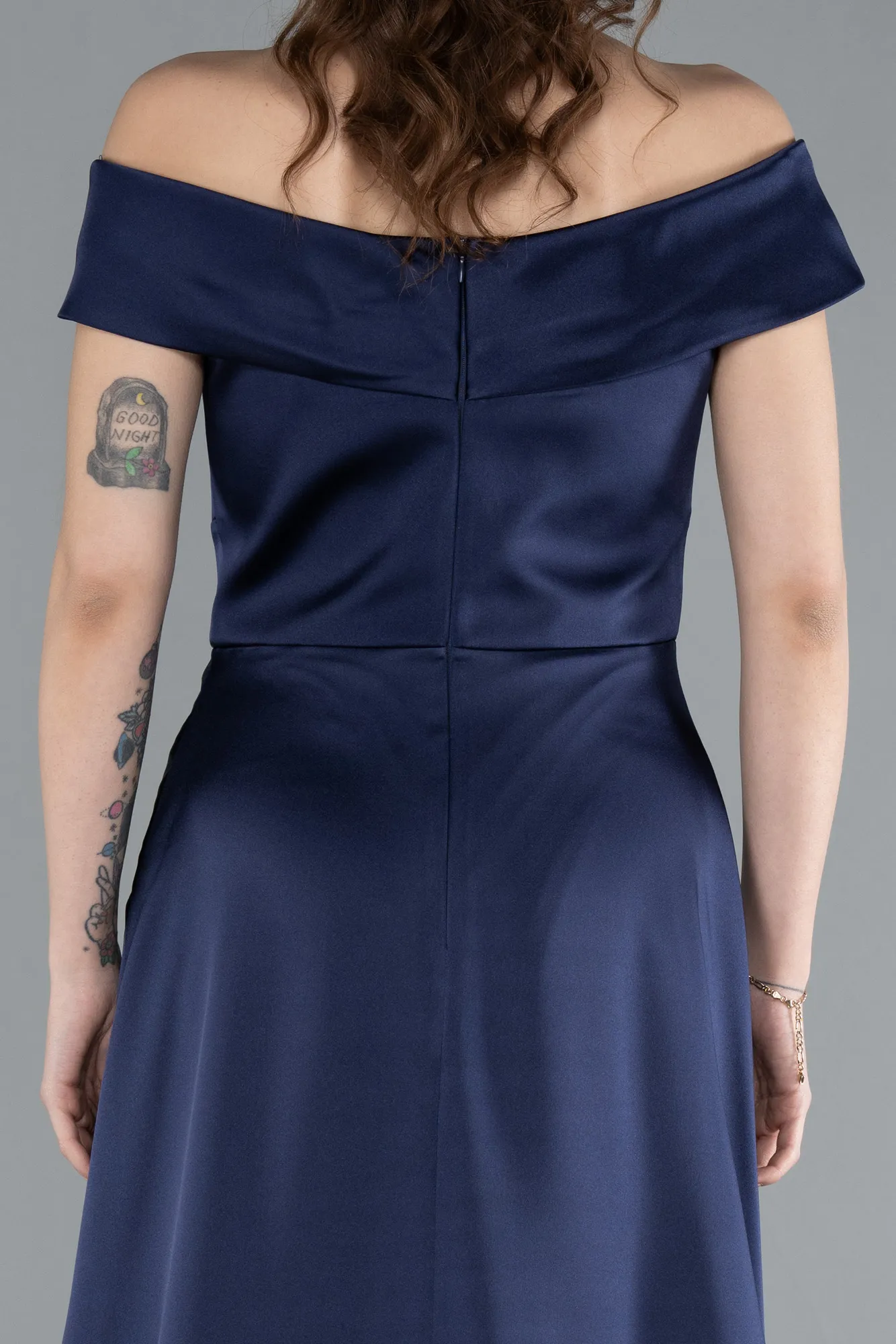 Navy Blue-Boat Neck Slit Long Satin Prom Dress ABU2486