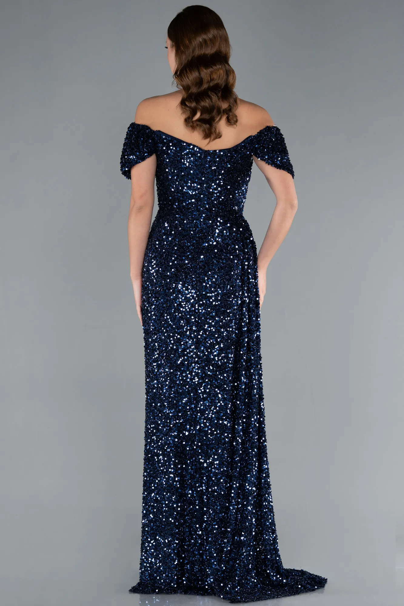 Navy Blue-Boat Neck Slit Long Sequin Evening Gown ABU4843