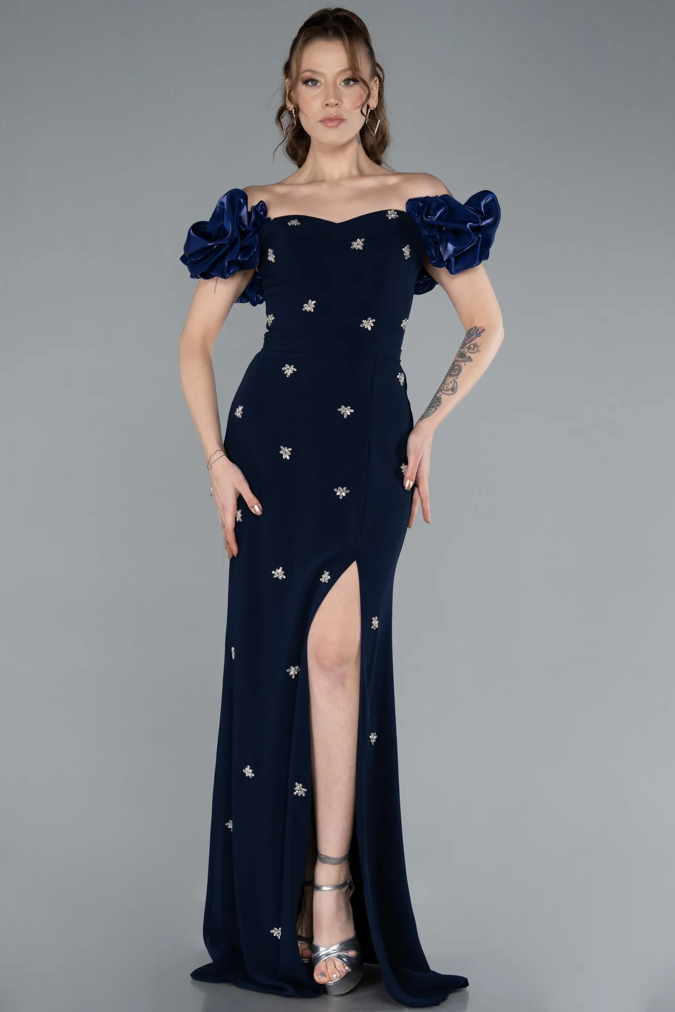 Navy Blue-Boat Neck Slit Stone Long Evening Gown ABU4696