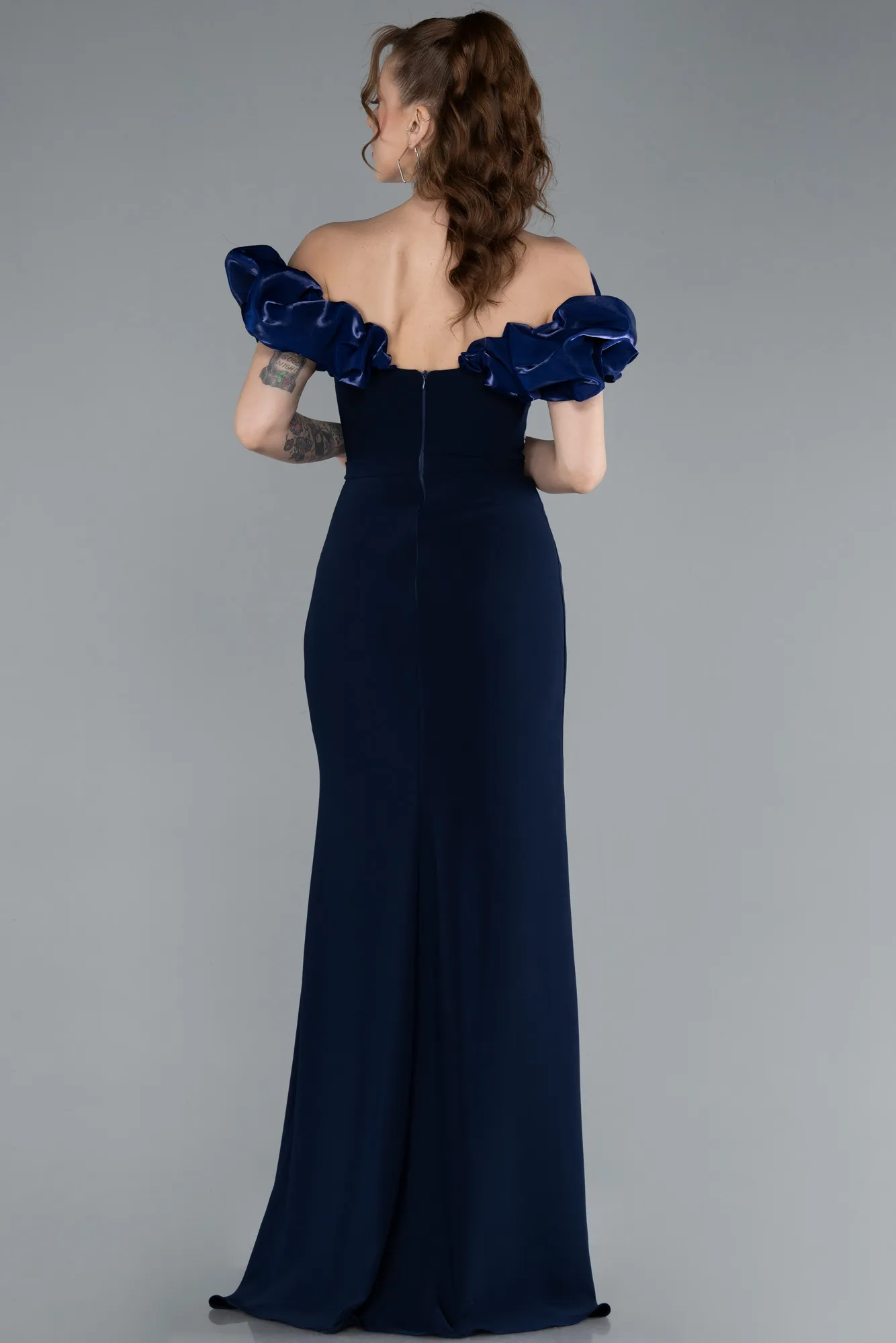 Navy Blue-Boat Neck Slit Stone Long Evening Gown ABU4696