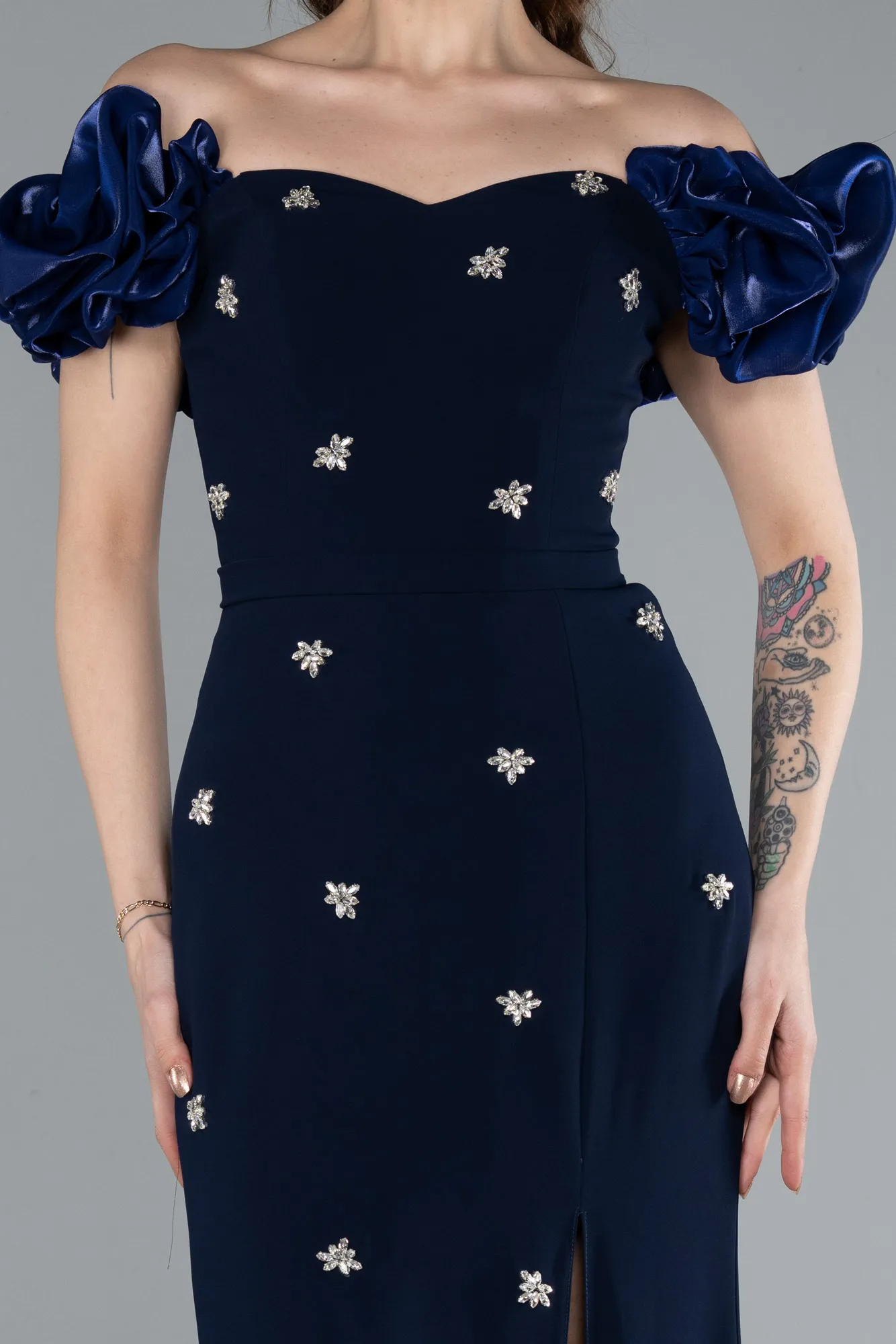 Navy Blue-Boat Neck Slit Stone Long Evening Gown ABU4696