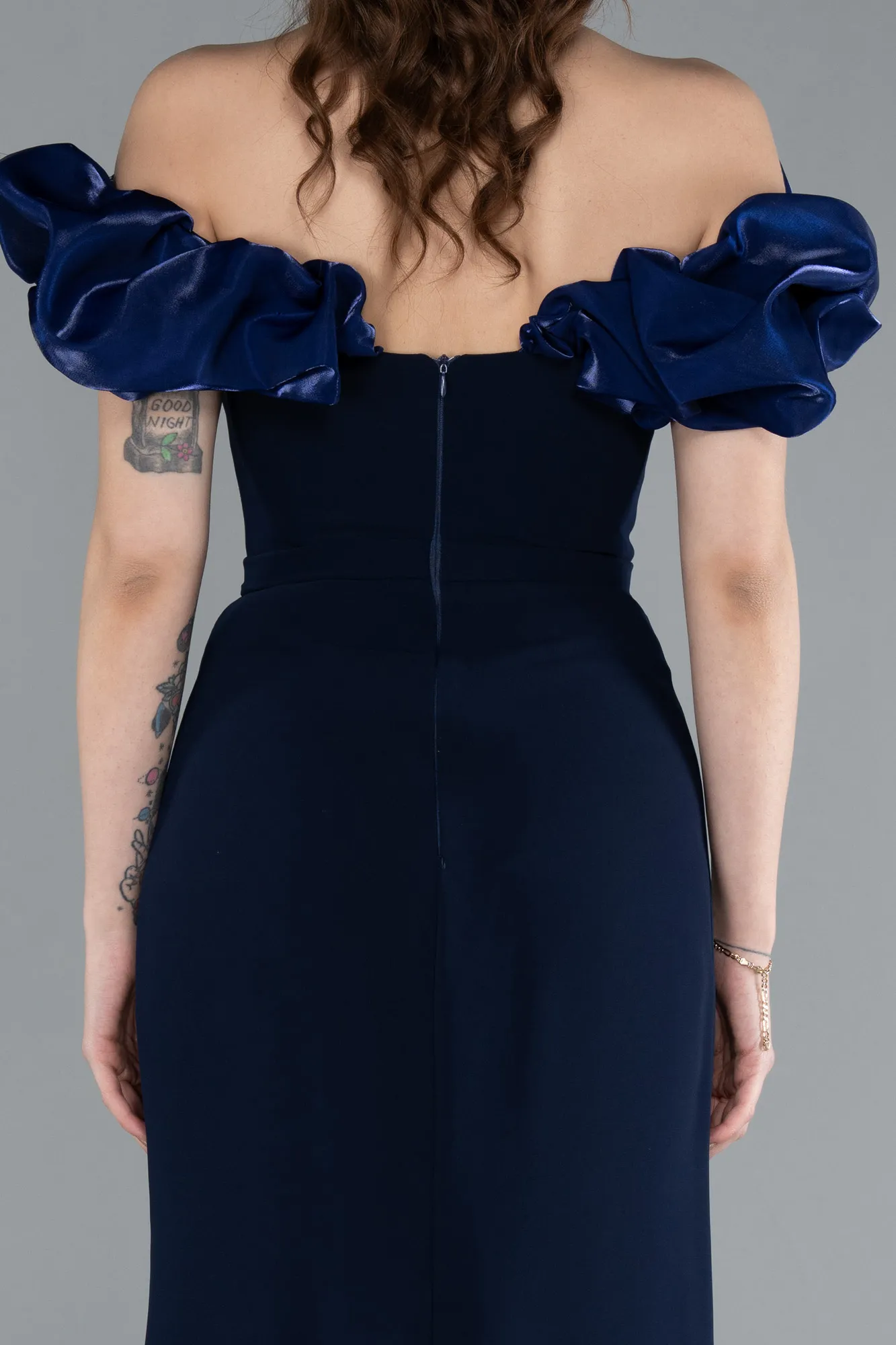 Navy Blue-Boat Neck Slit Stone Long Evening Gown ABU4696