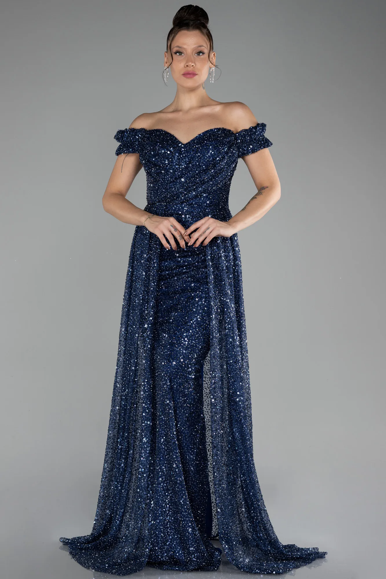 Navy Blue-Boat Neck Tail Long Stone Evening Gown ABU4224
