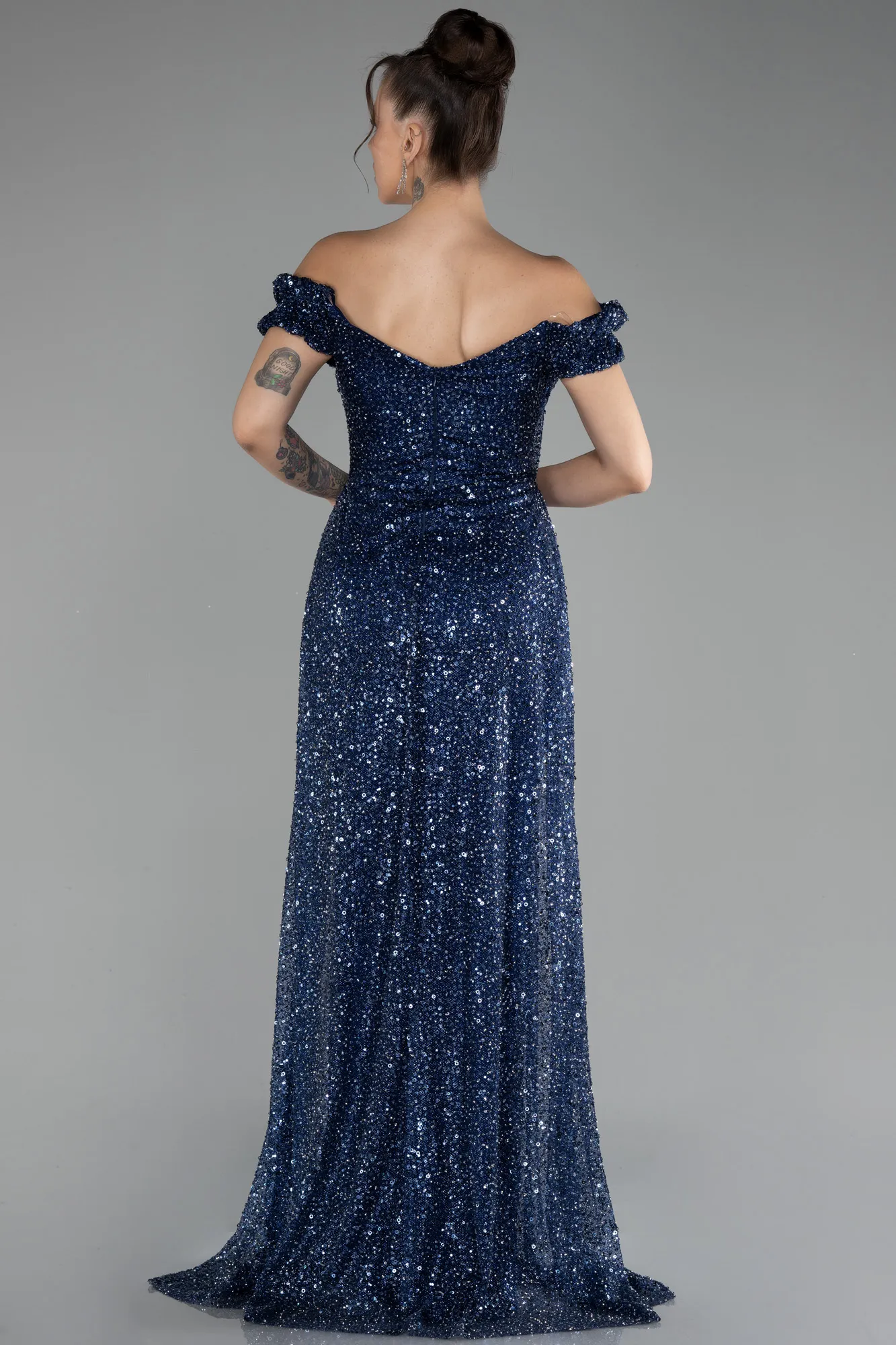 Navy Blue-Boat Neck Tail Long Stone Evening Gown ABU4224