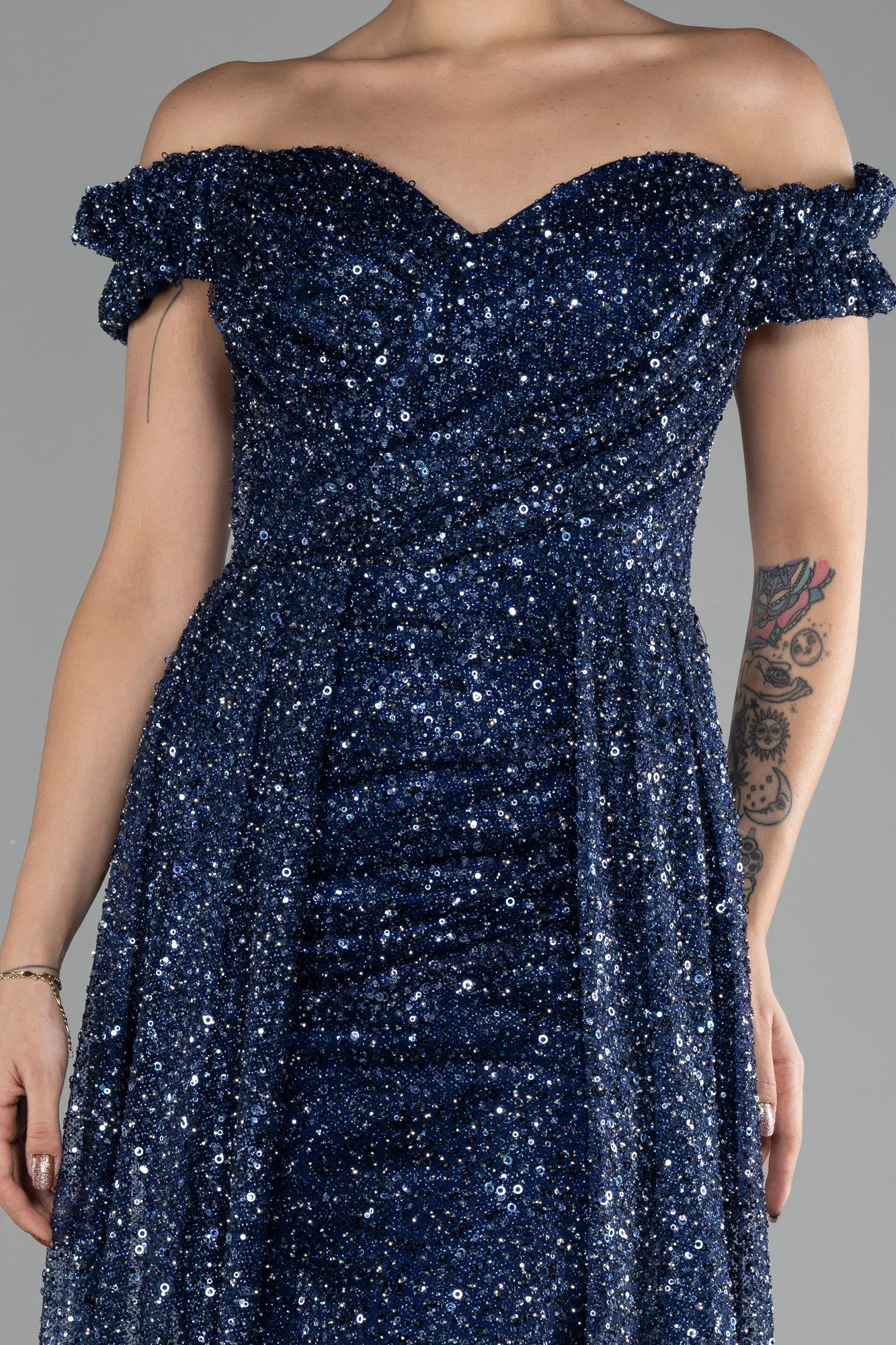 Navy Blue-Boat Neck Tail Long Stone Evening Gown ABU4224