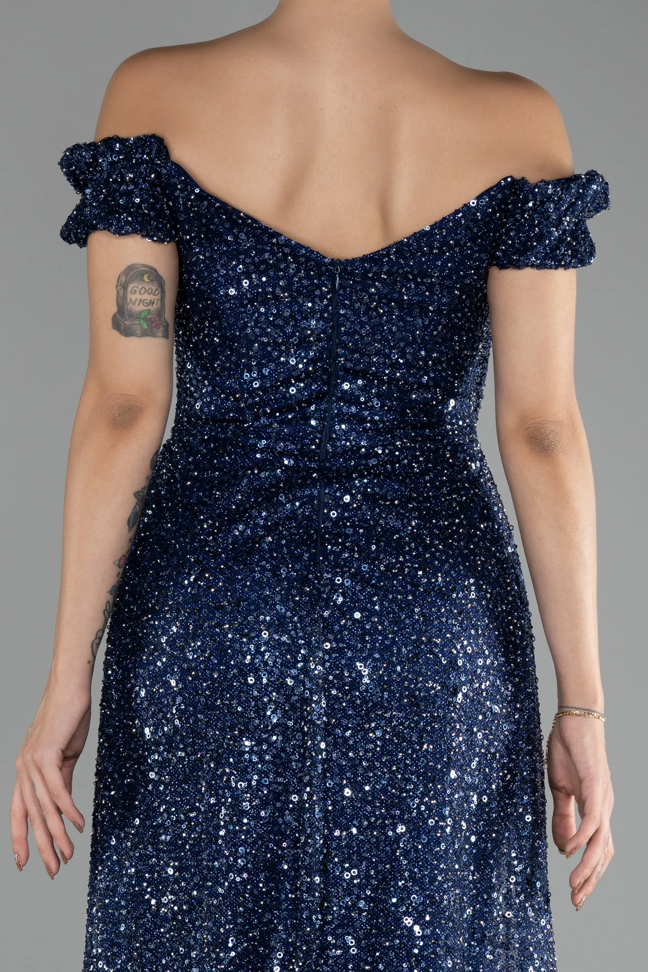 Navy Blue-Boat Neck Tail Long Stone Evening Gown ABU4224