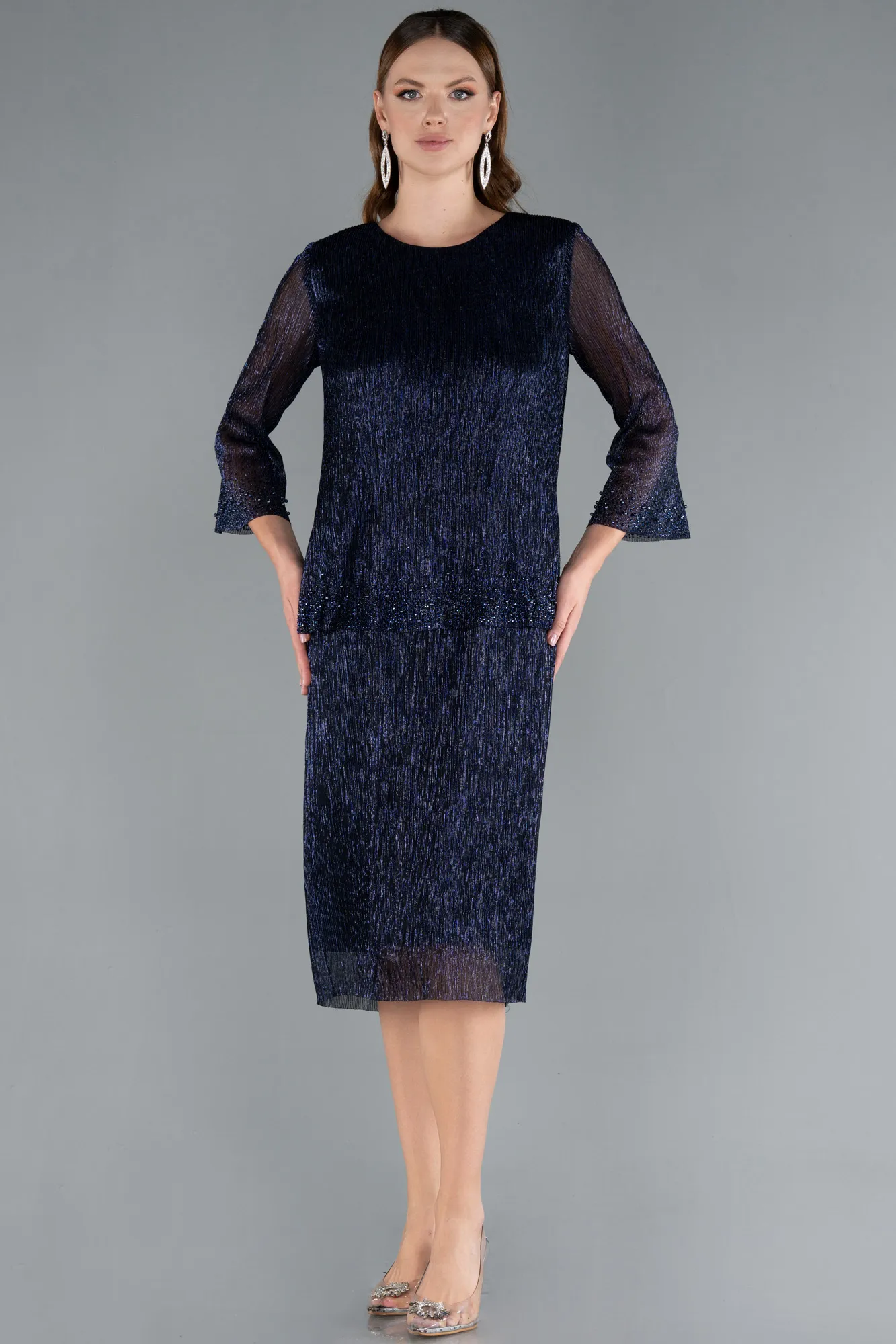 Navy Blue-Capri Sleeve Beaded Midi Invitation Dress ABK2292