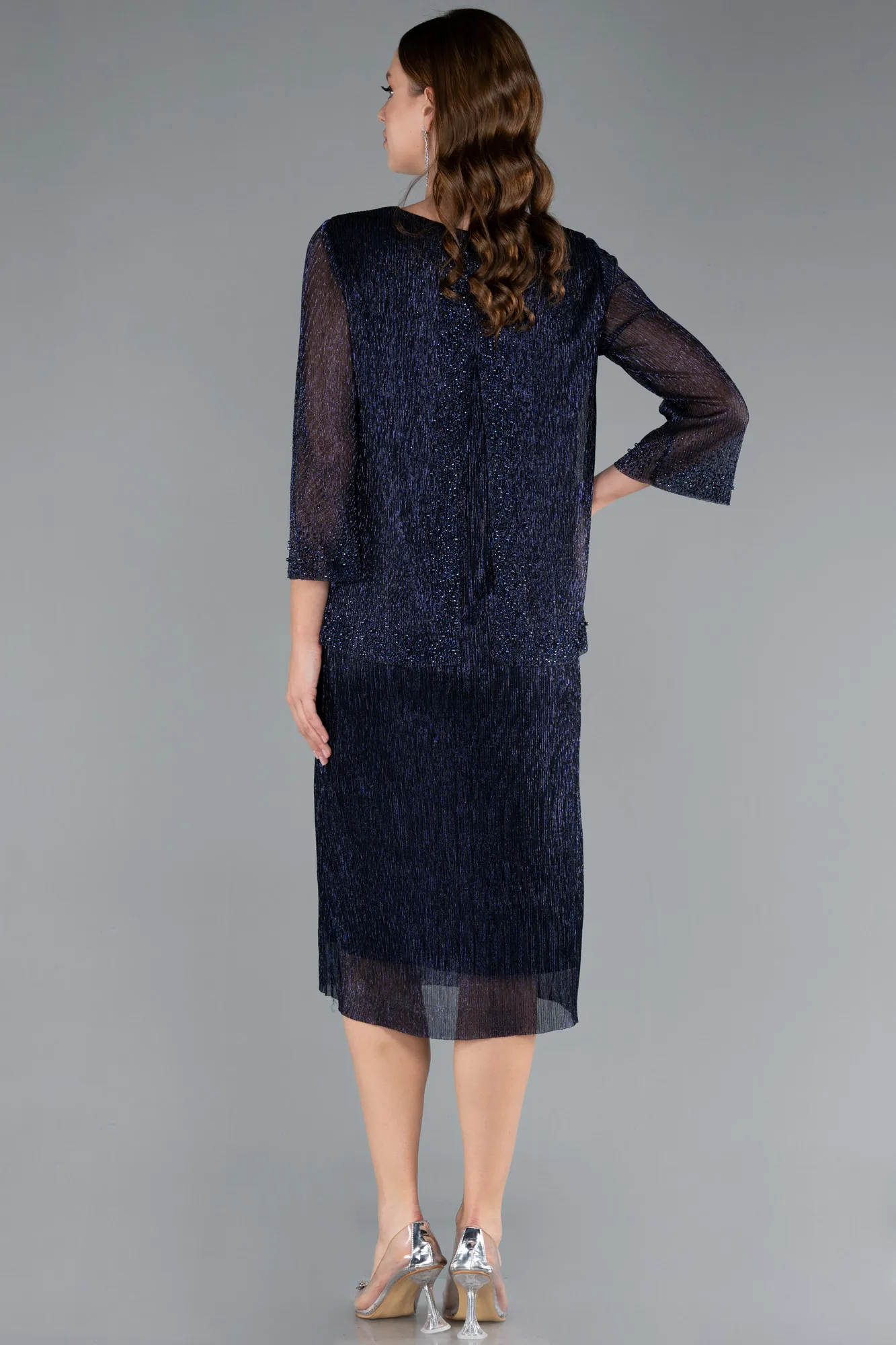 Navy Blue-Capri Sleeve Beaded Midi Invitation Dress ABK2292