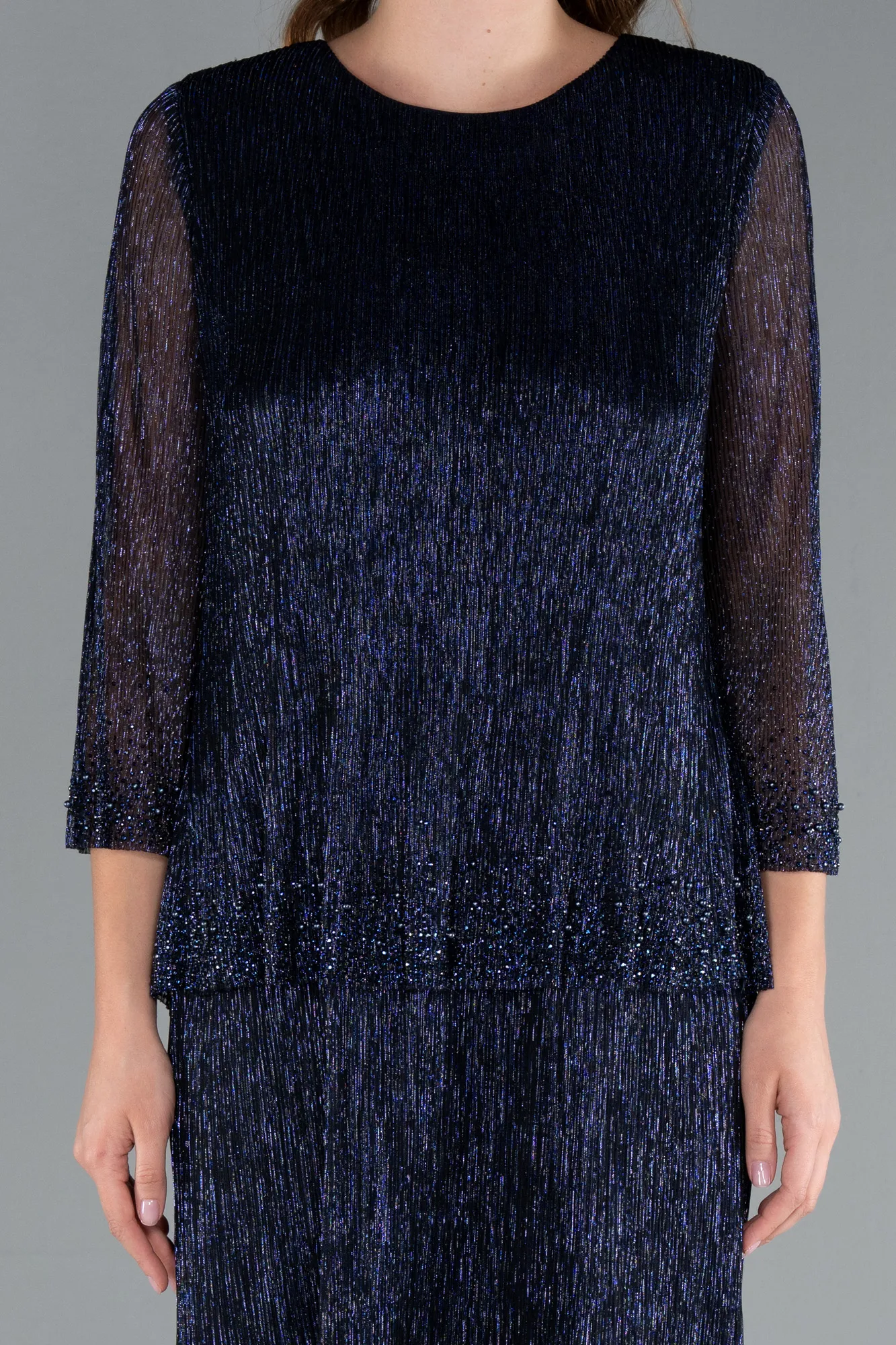 Navy Blue-Capri Sleeve Beaded Midi Invitation Dress ABK2292