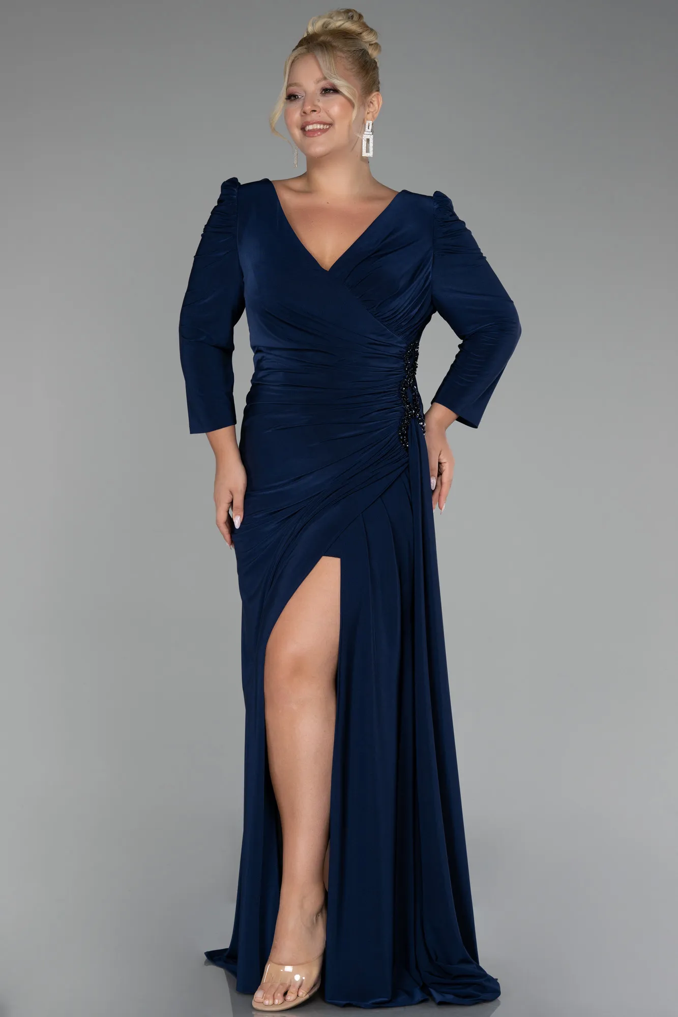 Navy Blue-Capri Sleeve Long Plus Size Evening Dress ABU4104