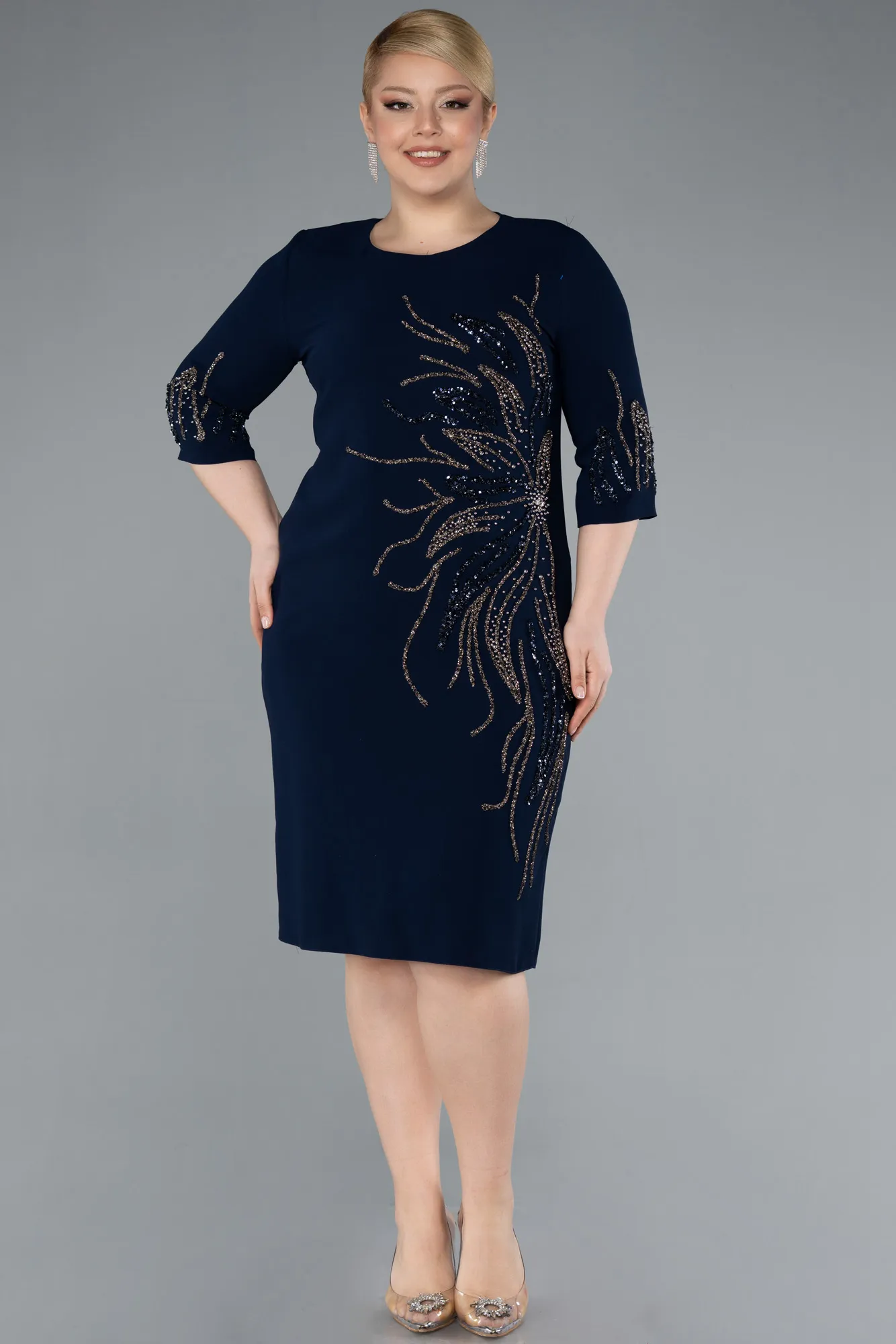 Navy Blue-Capri Sleeve Stone Embroidered Midi Plus Size Evening Dress ABK2291