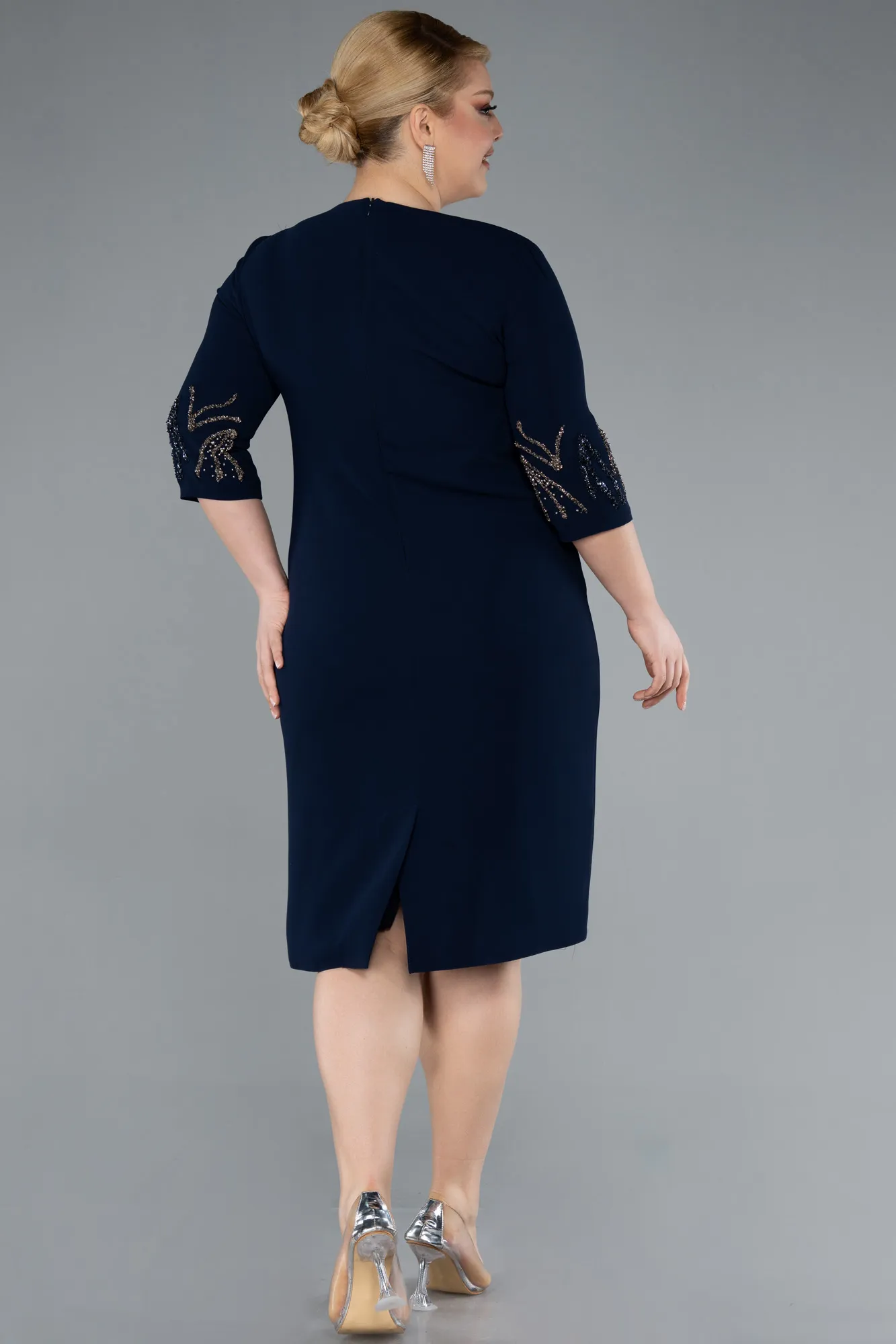 Navy Blue-Capri Sleeve Stone Embroidered Midi Plus Size Evening Dress ABK2291