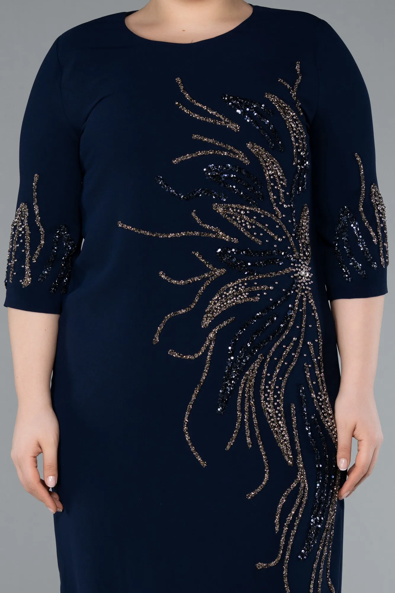Navy Blue-Capri Sleeve Stone Embroidered Midi Plus Size Evening Dress ABK2291