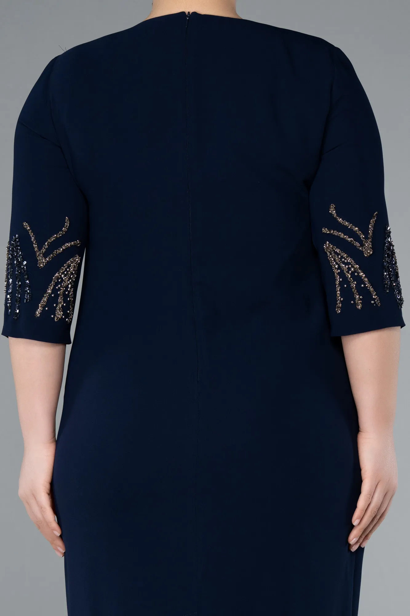 Navy Blue-Capri Sleeve Stone Embroidered Midi Plus Size Evening Dress ABK2291