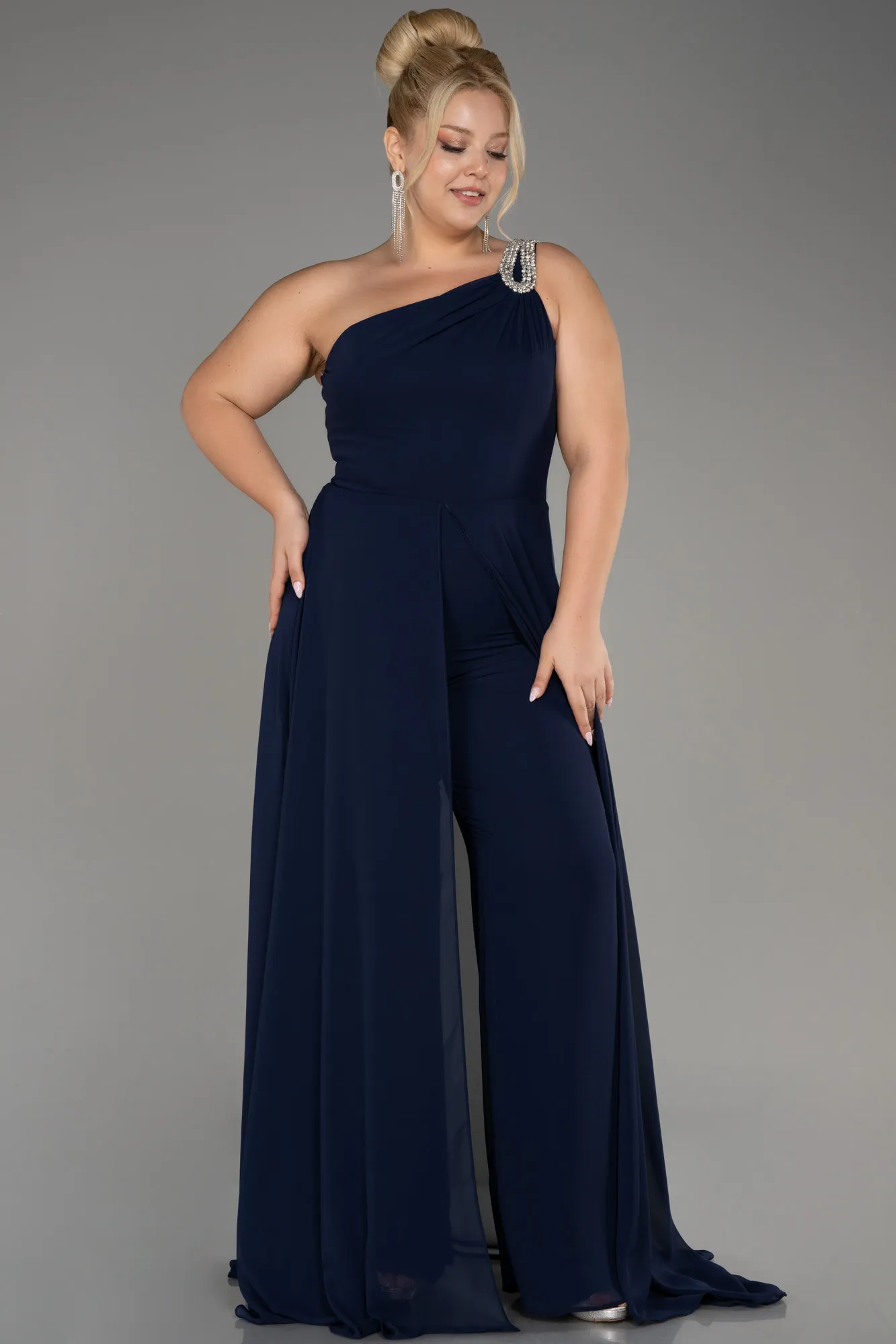 Navy Blue-Chiffon Plus Size Evening Dress Jumpsuit ABT119