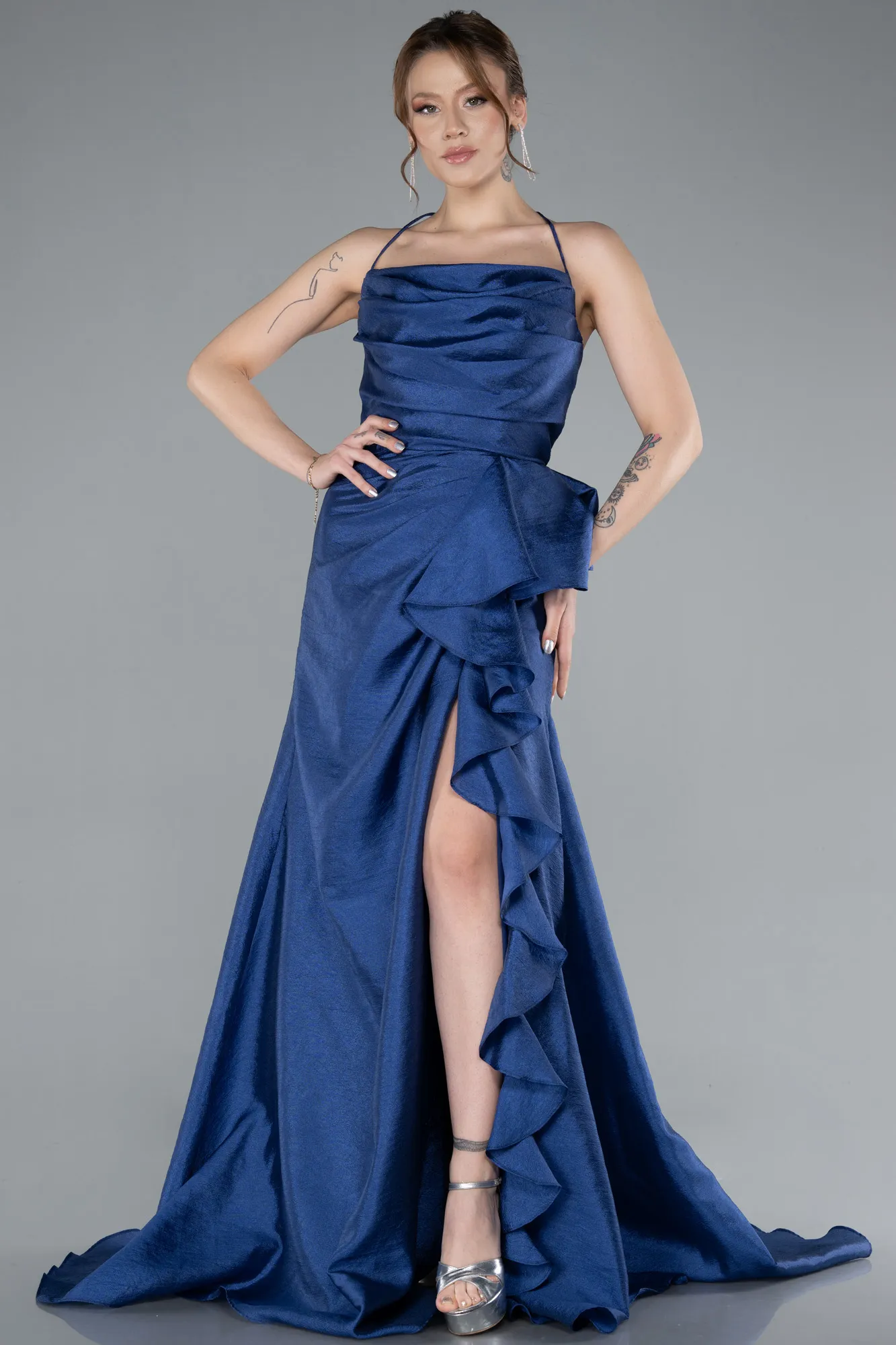 Navy Blue-Cowl Collar Slit Long Prom Dress ABU4785