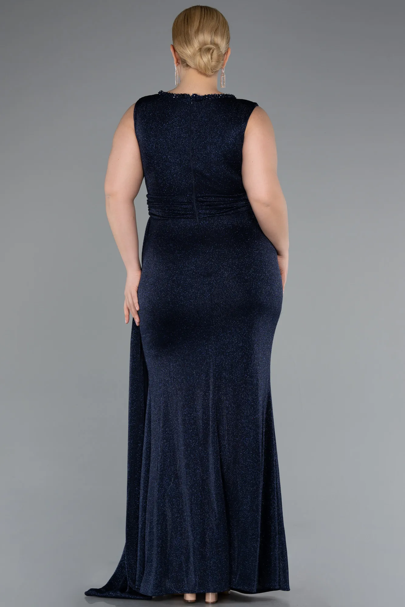 Navy Blue-Double Breasted Slit Long Glittery Plus Size Evening Dress ABU5007