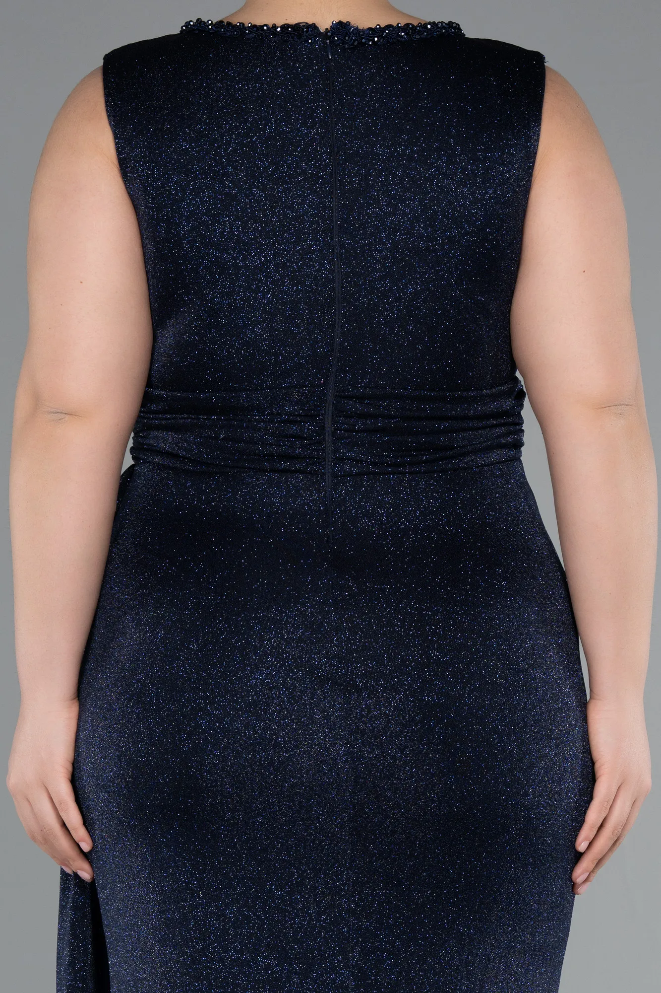 Navy Blue-Double Breasted Slit Long Glittery Plus Size Evening Dress ABU5007