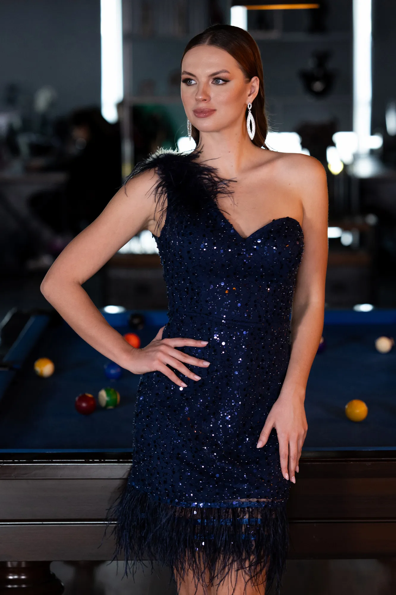 Navy Blue-Feathered One Shoulder Short Scaly Evening Dress ABK2256