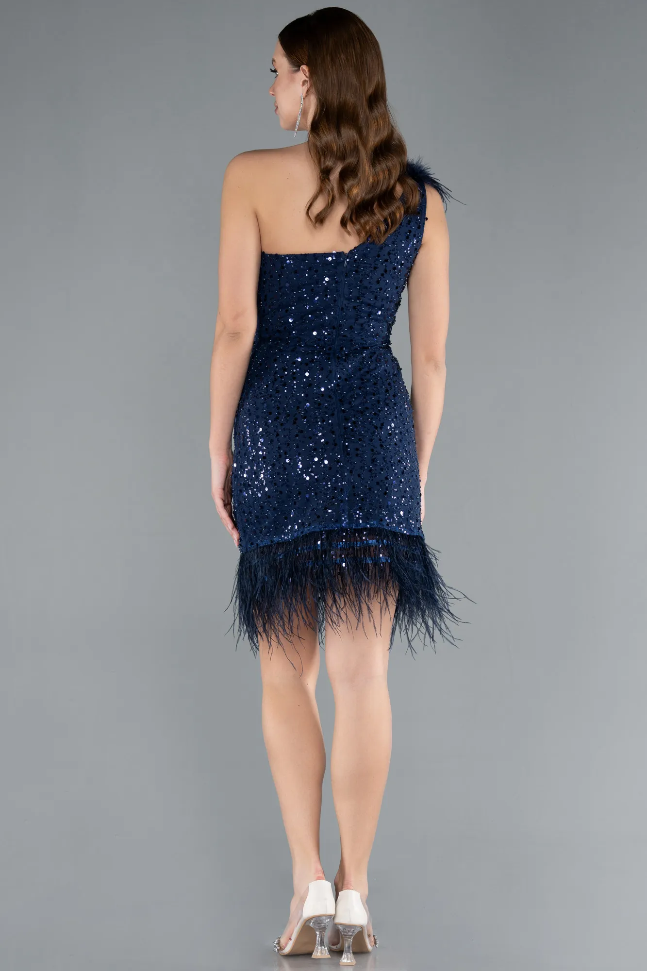 Navy Blue-Feathered One Shoulder Short Scaly Evening Dress ABK2256