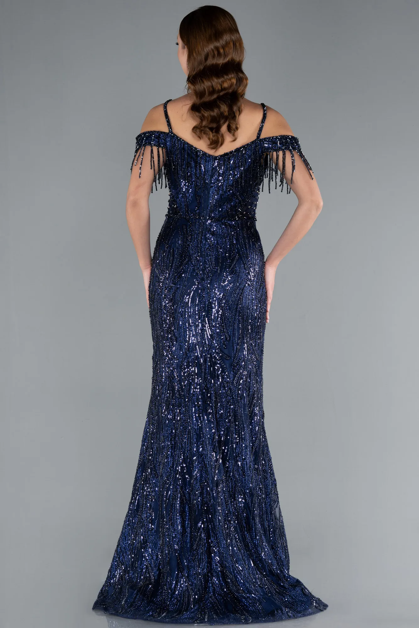 Navy Blue-Fringe Sleeves Sequin Cold Shoulder Evening Gown ABU4837