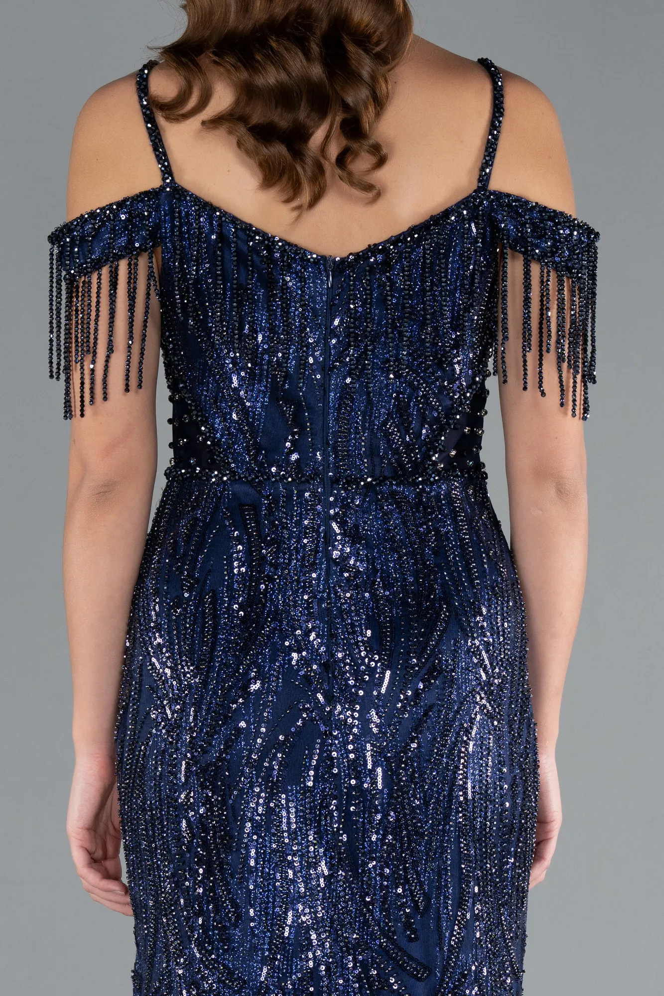 Navy Blue-Fringe Sleeves Sequin Cold Shoulder Evening Gown ABU4837