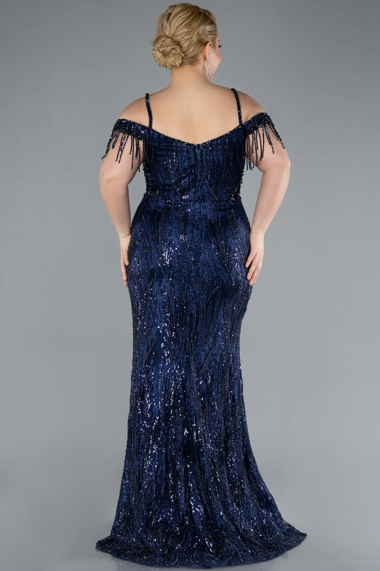 Navy Blue-Fringe Sleeves Sequin Cold Shoulder Evening Gown ABU4838