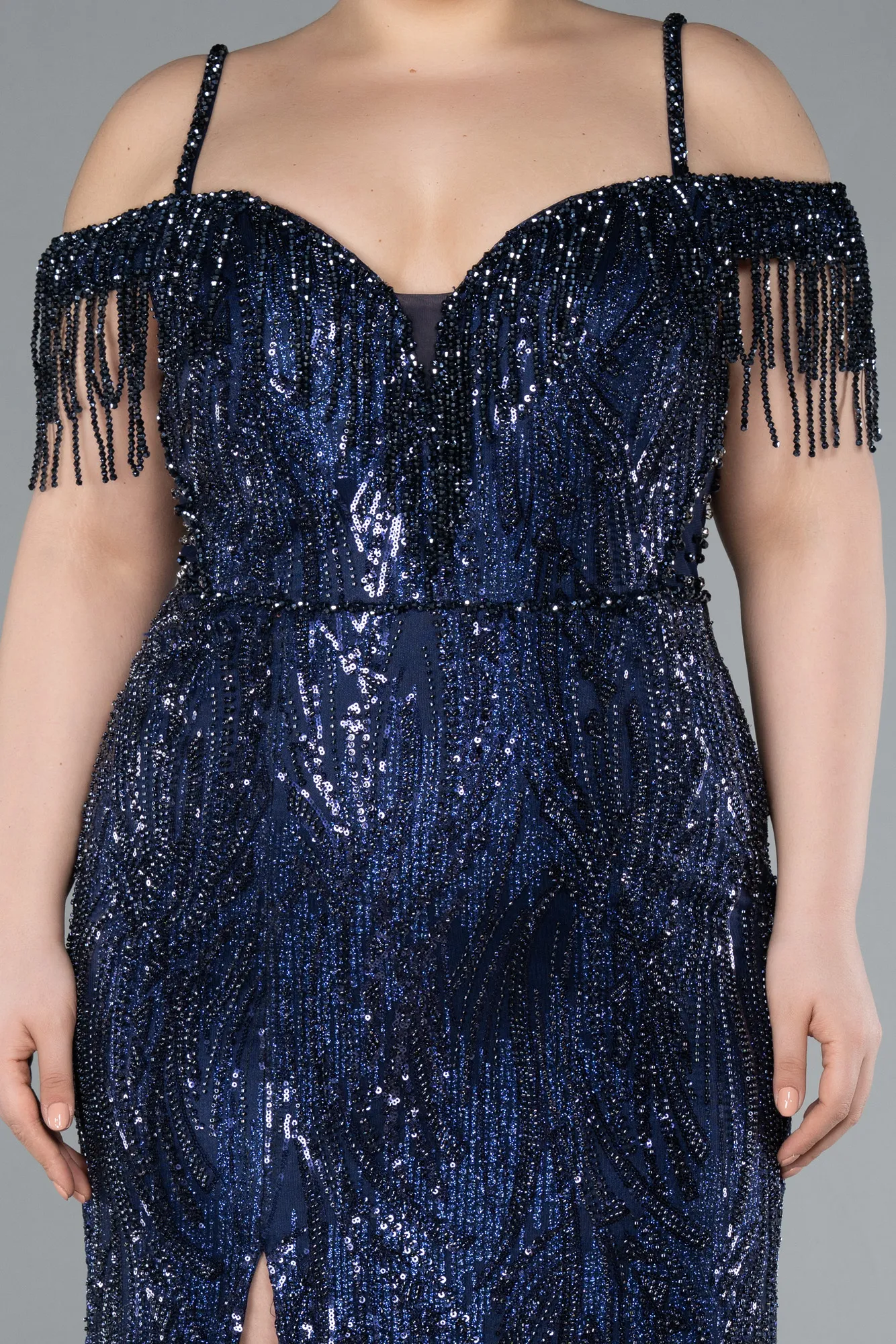 Navy Blue-Fringe Sleeves Sequin Cold Shoulder Evening Gown ABU4838
