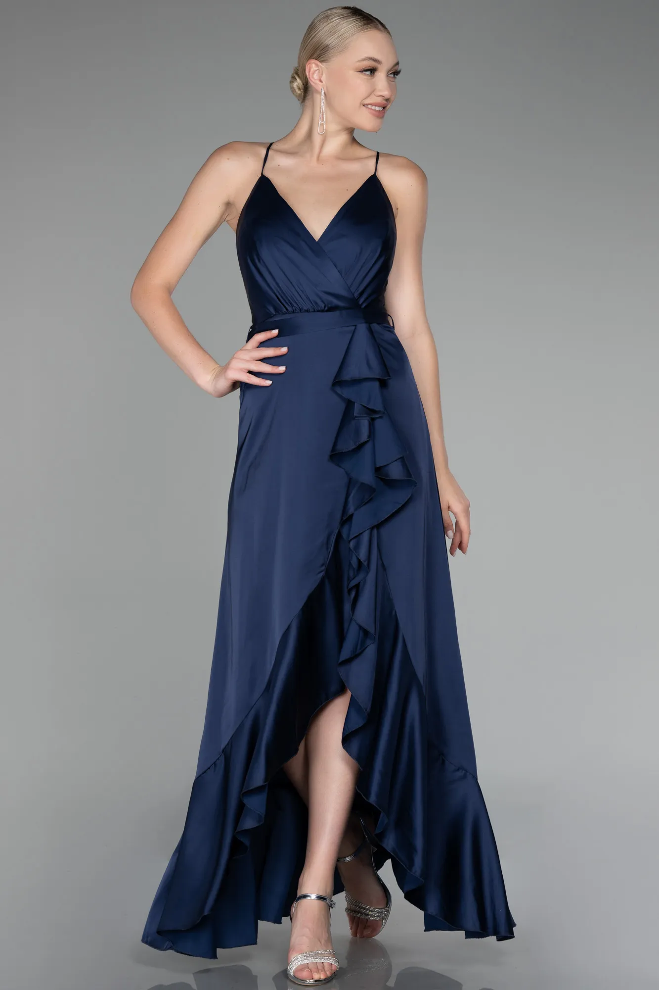 Navy Blue-Front Short Back Long Satin Prom Gown ABO109