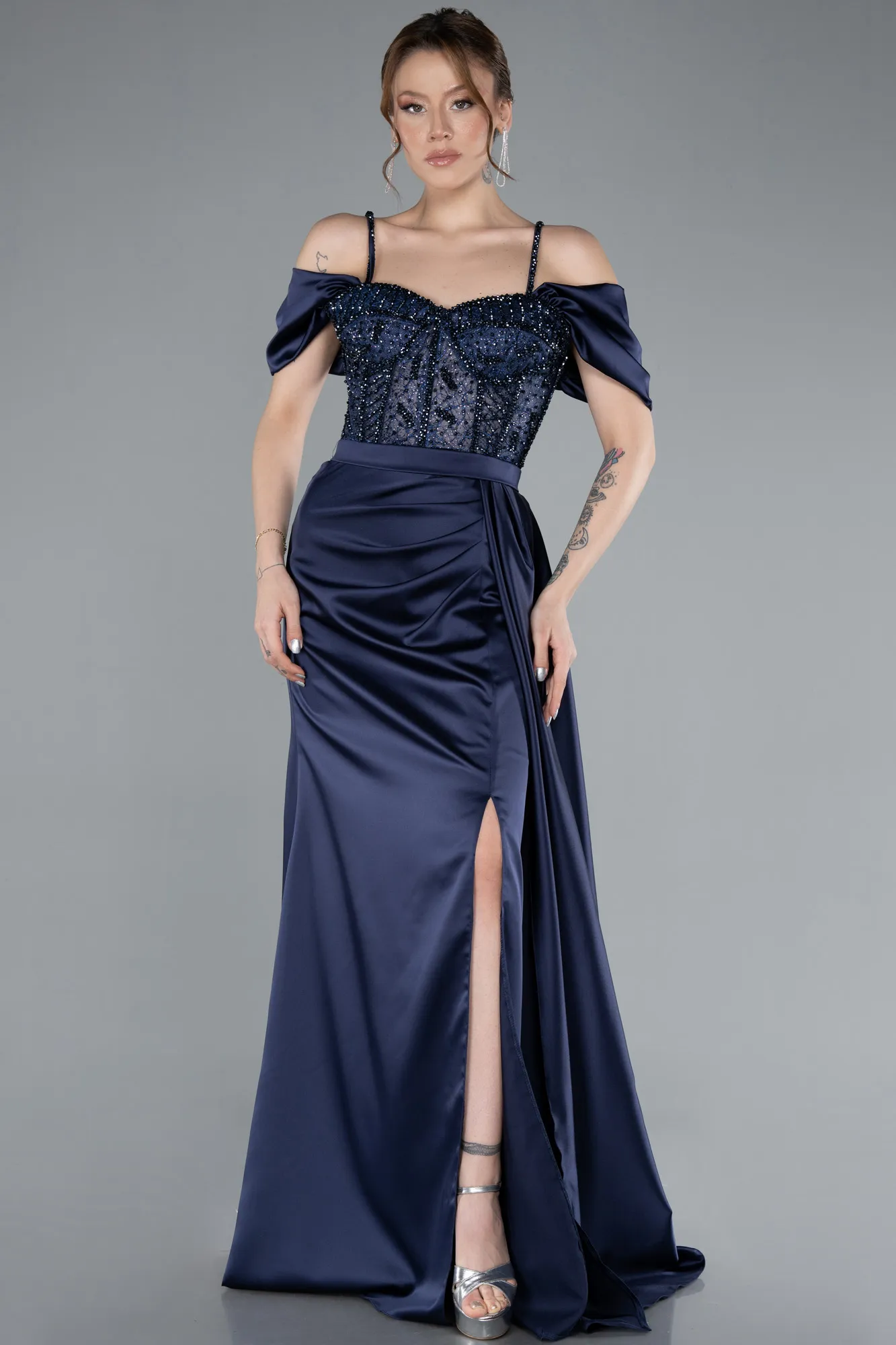 Navy Blue-Glittery Underwire Slit Long Satin Evening Gown ABU4801