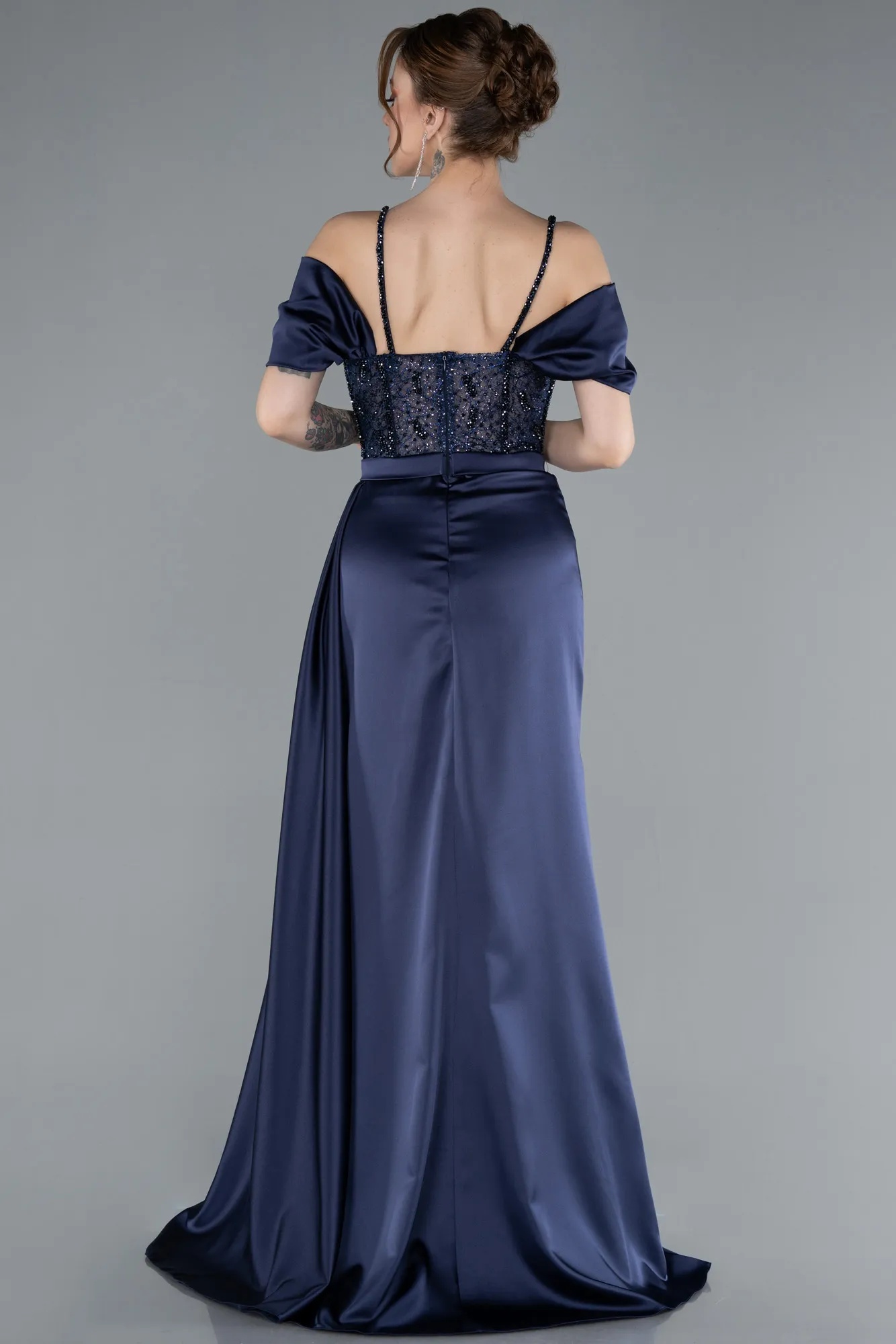 Navy Blue-Glittery Underwire Slit Long Satin Evening Gown ABU4801