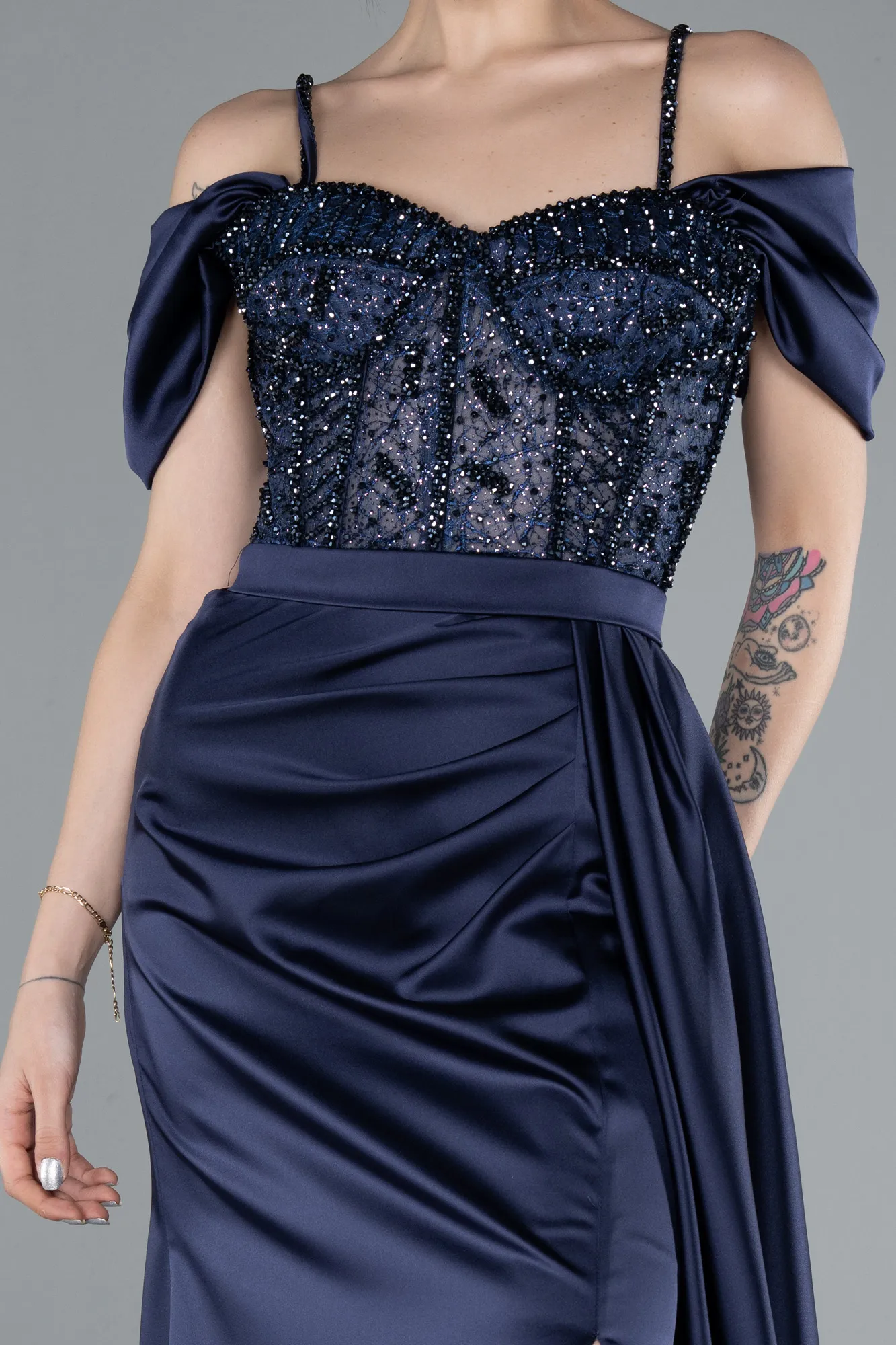 Navy Blue-Glittery Underwire Slit Long Satin Evening Gown ABU4801