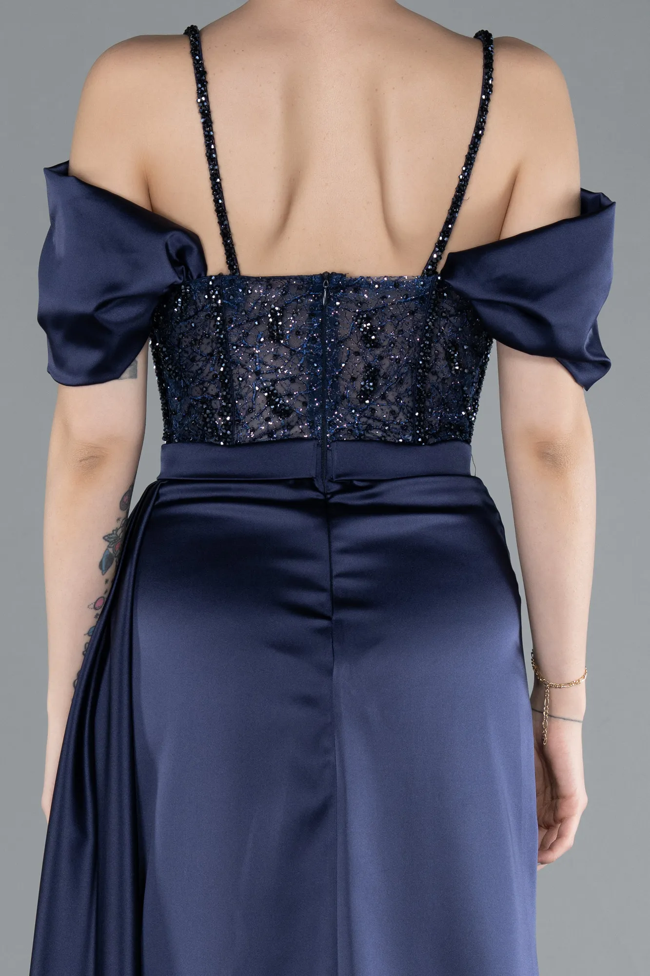 Navy Blue-Glittery Underwire Slit Long Satin Evening Gown ABU4801