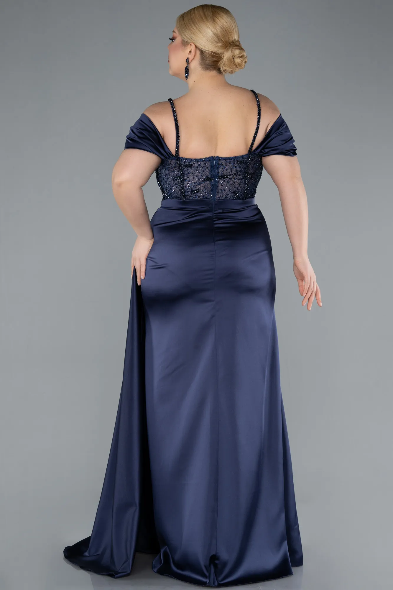 Navy Blue-Glittery Underwire Slit Long Satin Plus Size Evening Gown ABU4803