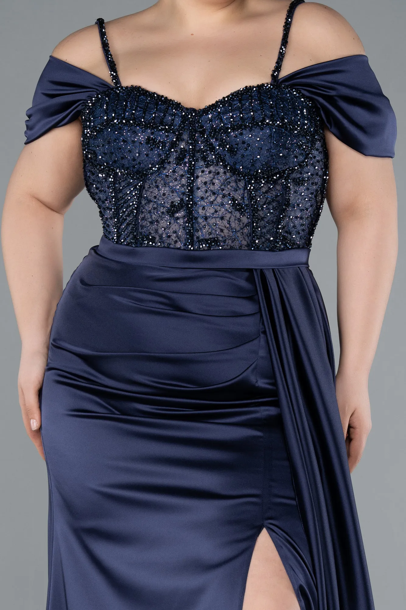 Navy Blue-Glittery Underwire Slit Long Satin Plus Size Evening Gown ABU4803