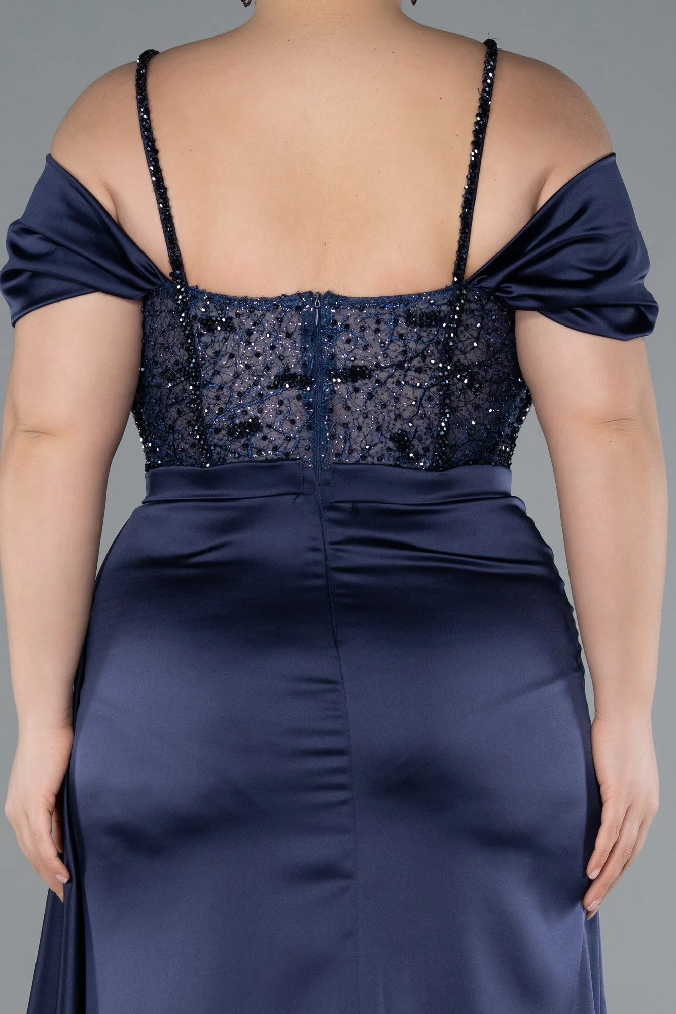 Navy Blue-Glittery Underwire Slit Long Satin Plus Size Evening Gown ABU4803