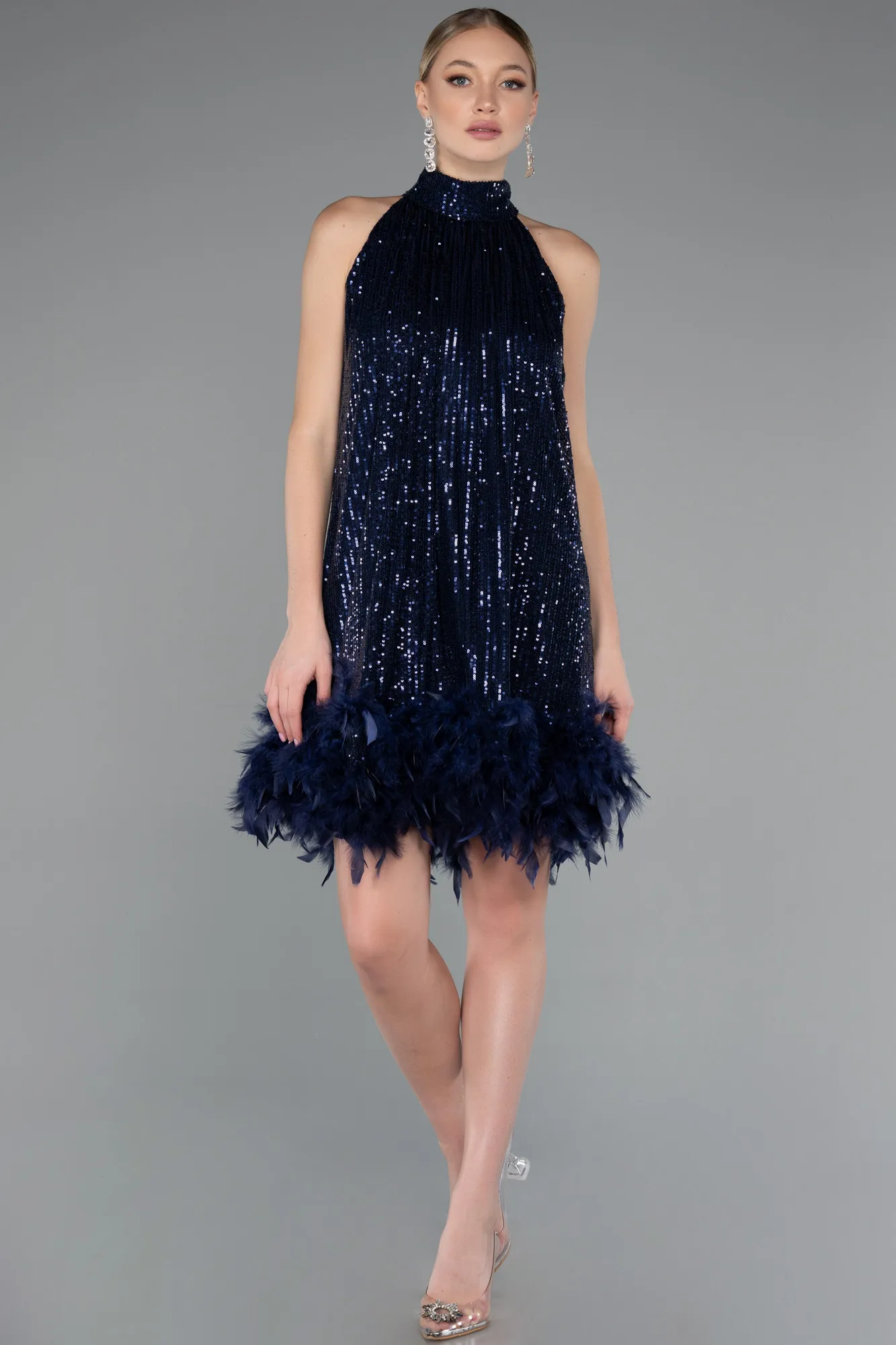 Navy Blue-Halter Neck Feathered Skirt Sequined Party Dress ABK2348