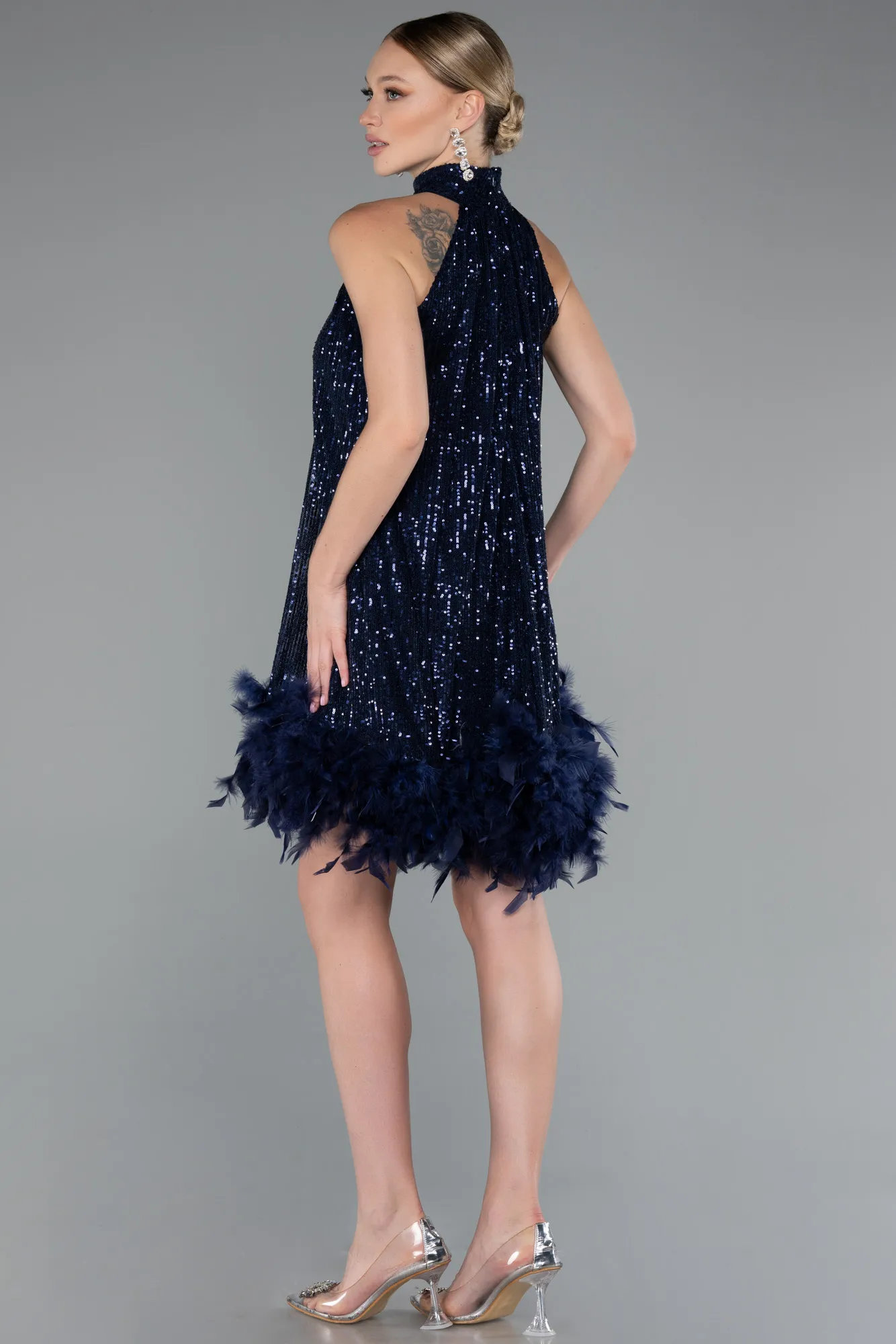 Navy Blue-Halter Neck Feathered Skirt Sequined Party Dress ABK2348