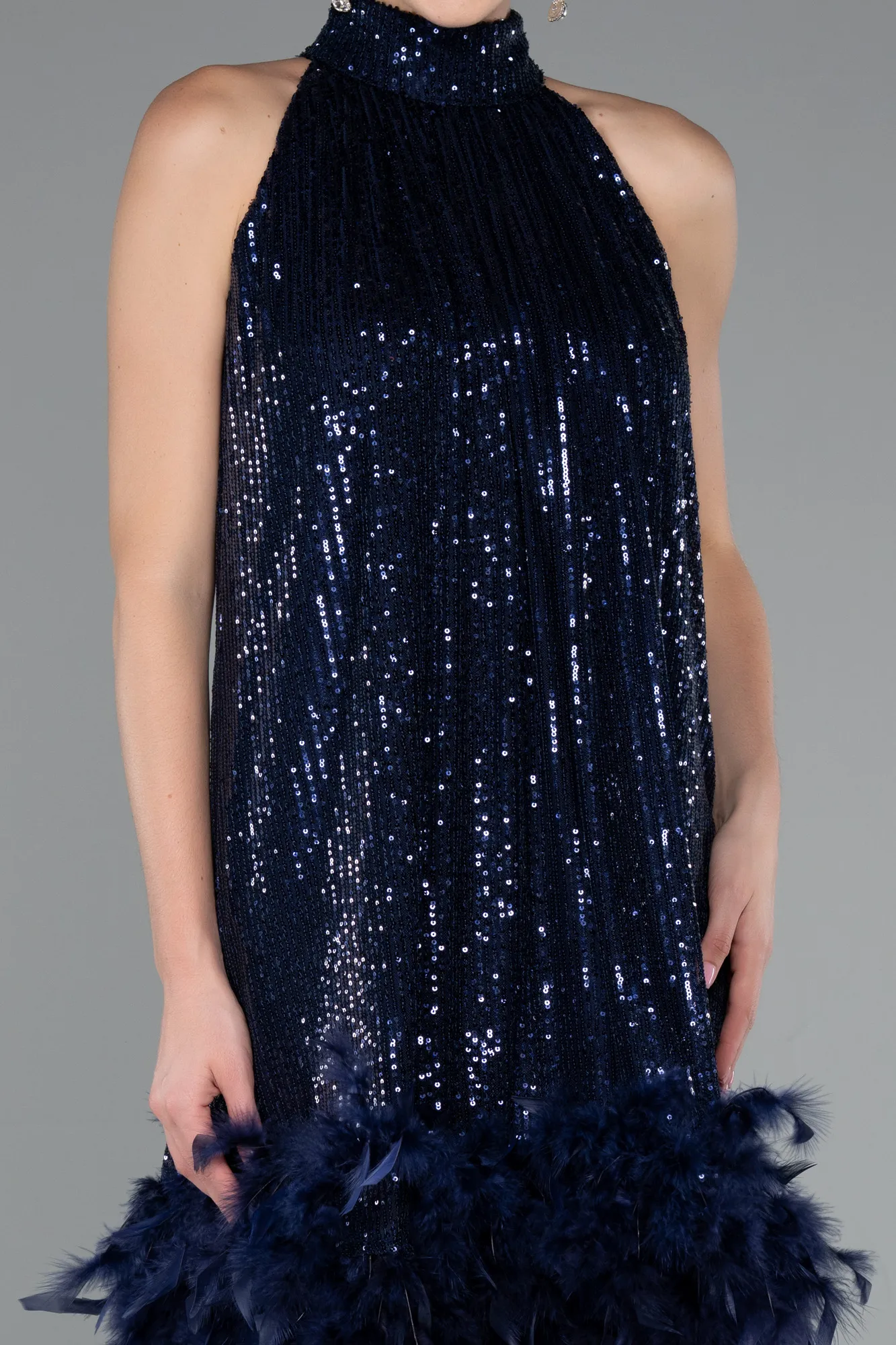 Navy Blue-Halter Neck Feathered Skirt Sequined Party Dress ABK2348