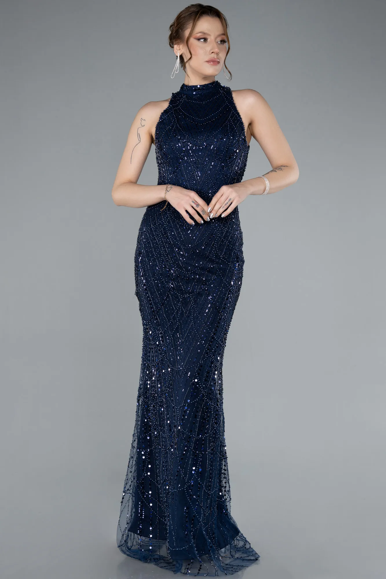 Navy Blue-Halter Neck Long Beaded Mermaid Evening Gown ABU4791