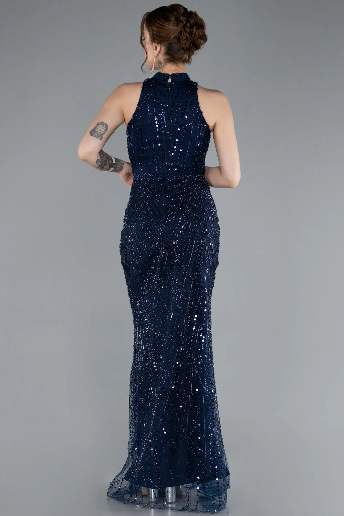 Navy Blue-Halter Neck Long Beaded Mermaid Evening Gown ABU4791